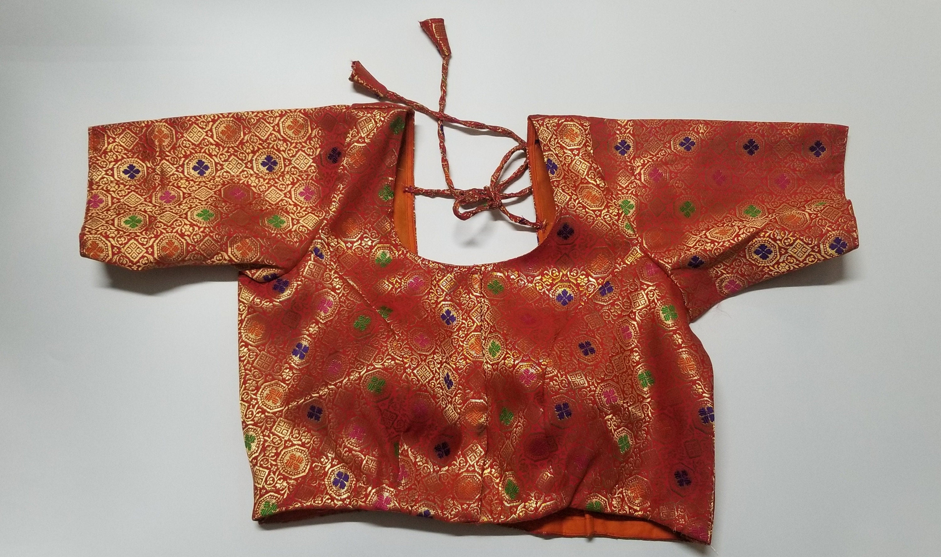 Readymade Saree Blouse - Red Silk with gold and multi-color Blouse - Princess cut padded - size 38" (alter 36", 40", 42")