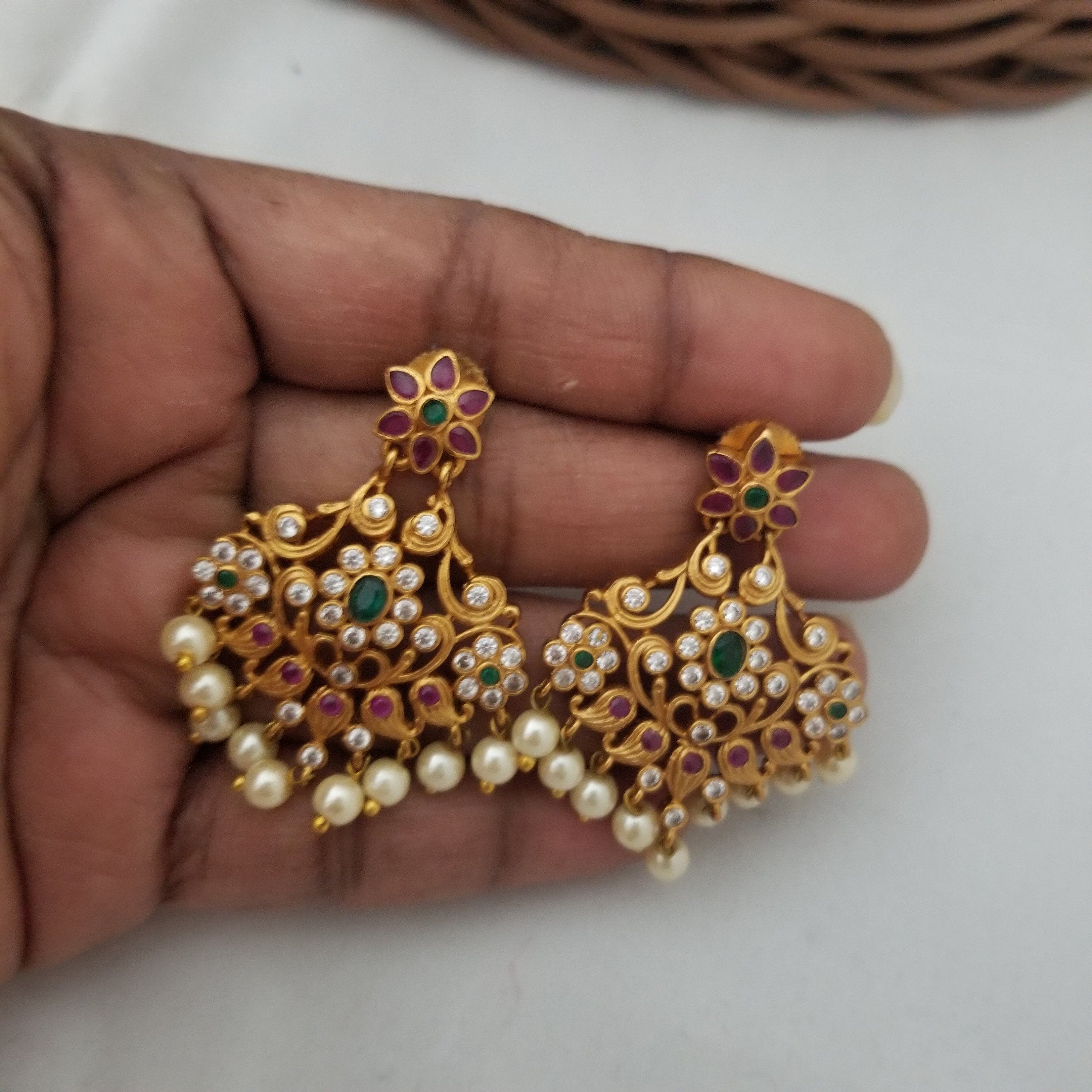 Partywear matte finish Earrings with hanging pearls - Fashion Jewelry