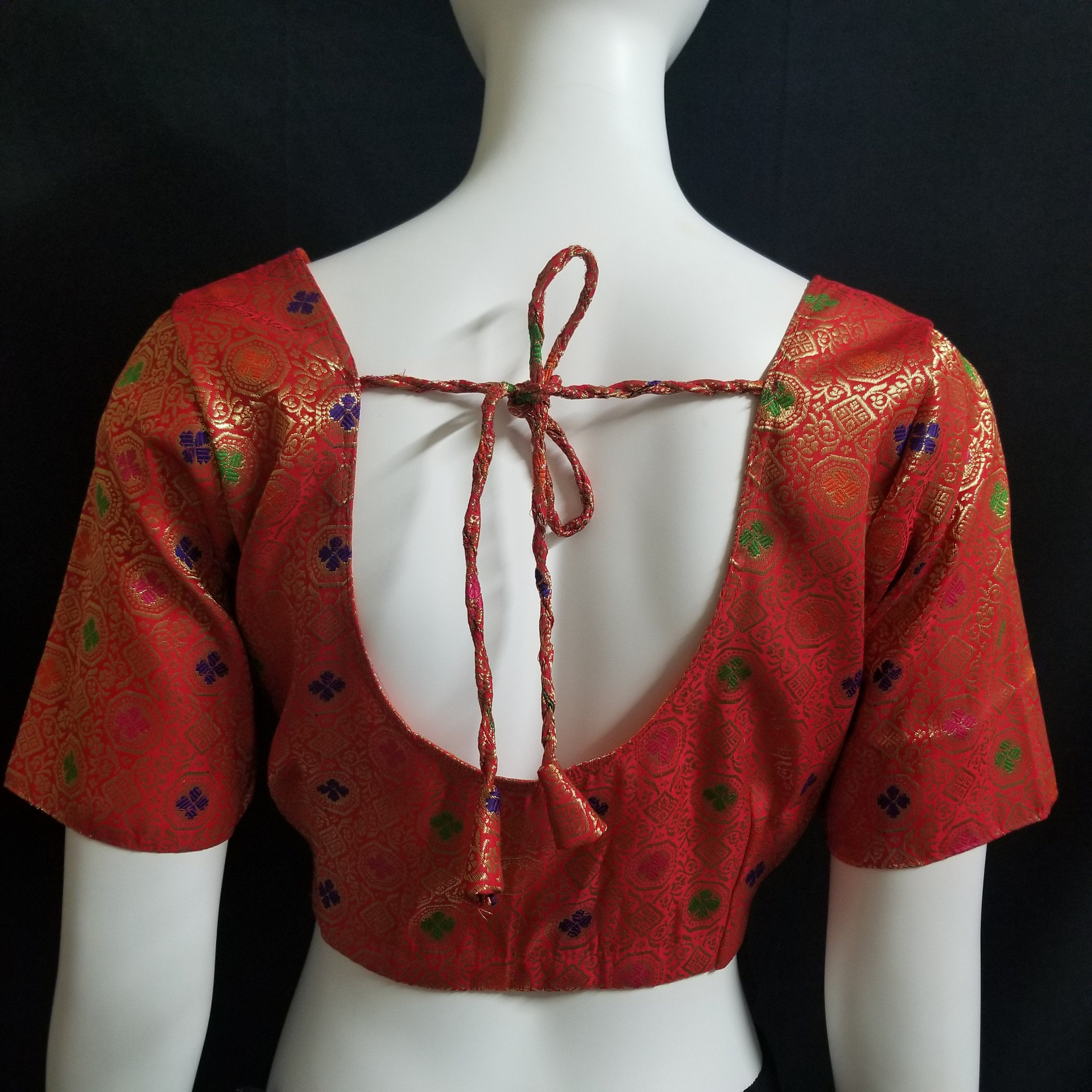 Readymade Saree Blouse - Red Silk with gold and multi-color Blouse - Princess cut padded - size 38" (alter 36", 40", 42")