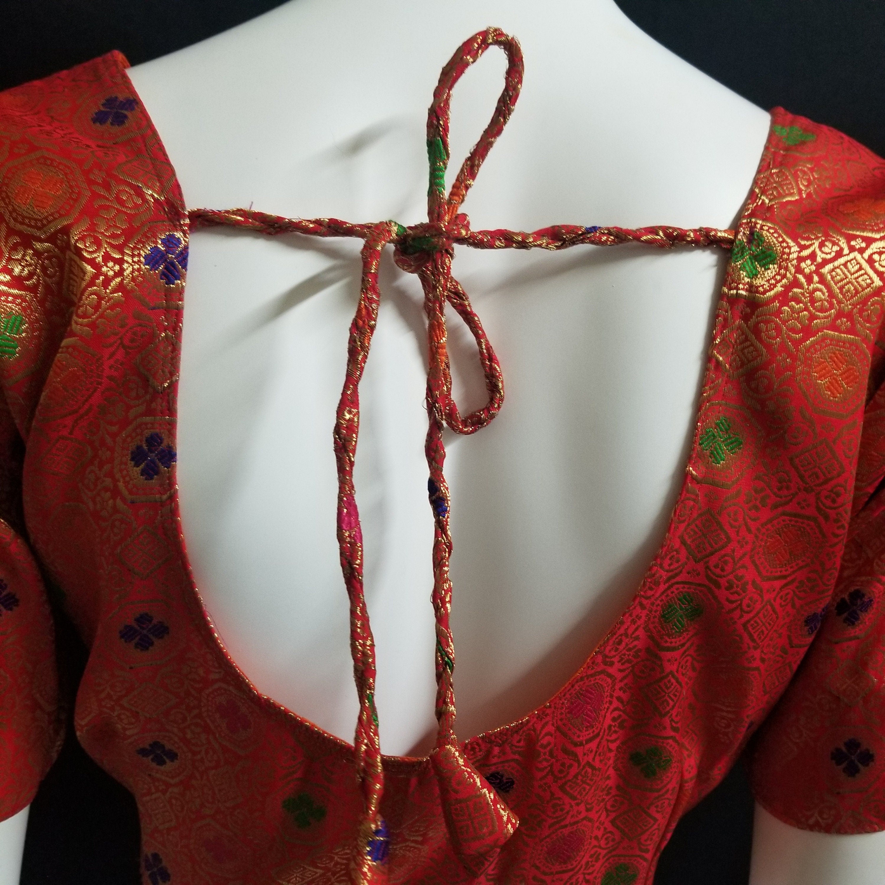 Readymade Saree Blouse - Red Silk with gold and multi-color Blouse - Princess cut padded - size 38" (alter 36", 40", 42")
