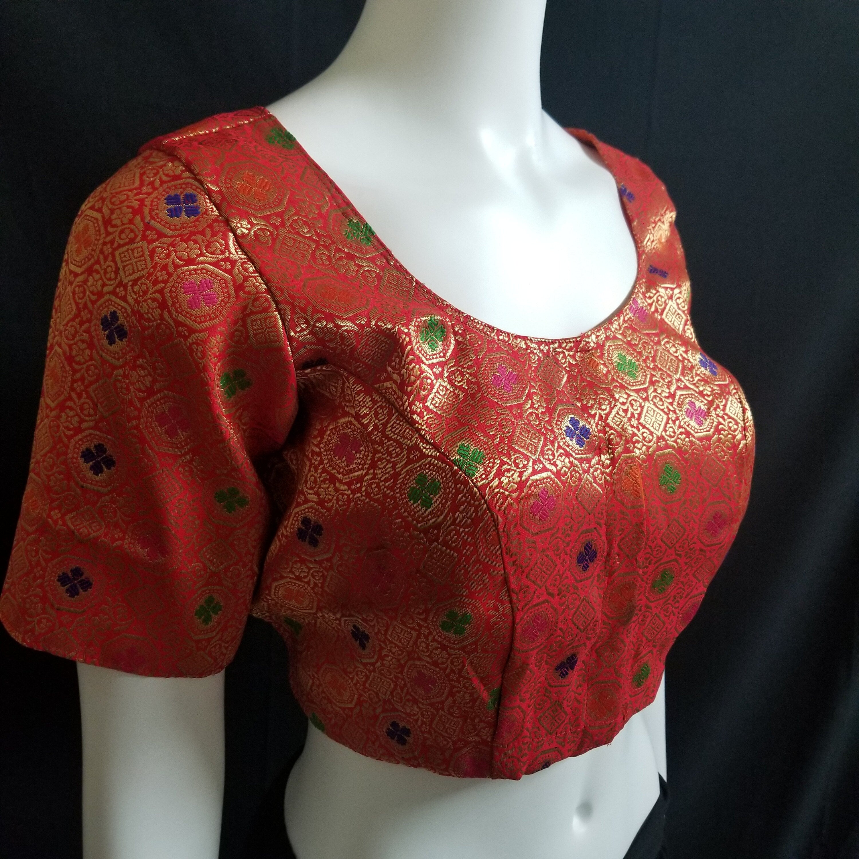 Readymade Saree Blouse - Red Silk with gold and multi-color Blouse - Princess cut padded - size 38" (alter 36", 40", 42")