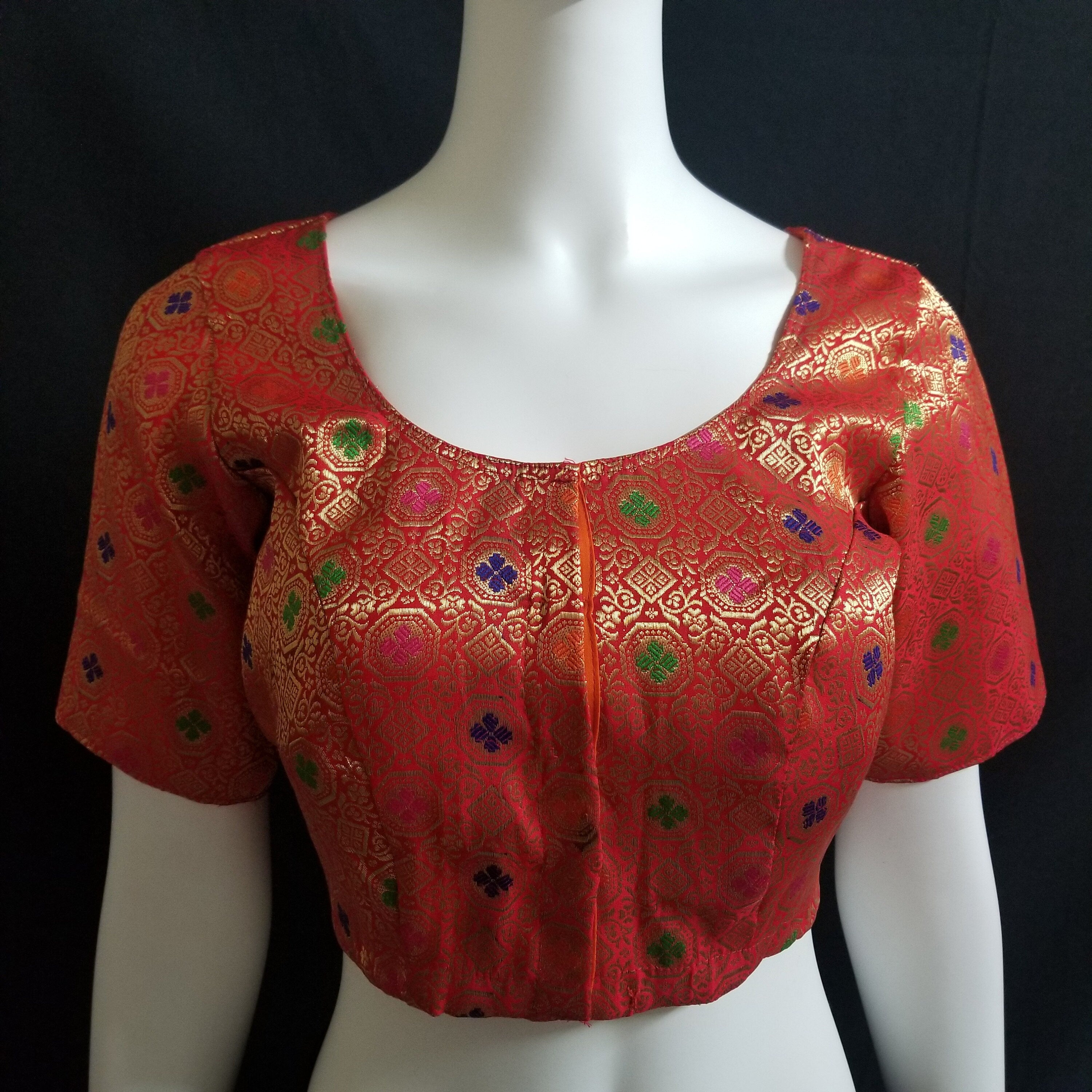 Readymade Saree Blouse - Red Silk with gold and multi-color Blouse - Princess cut padded - size 38" (alter 36", 40", 42")