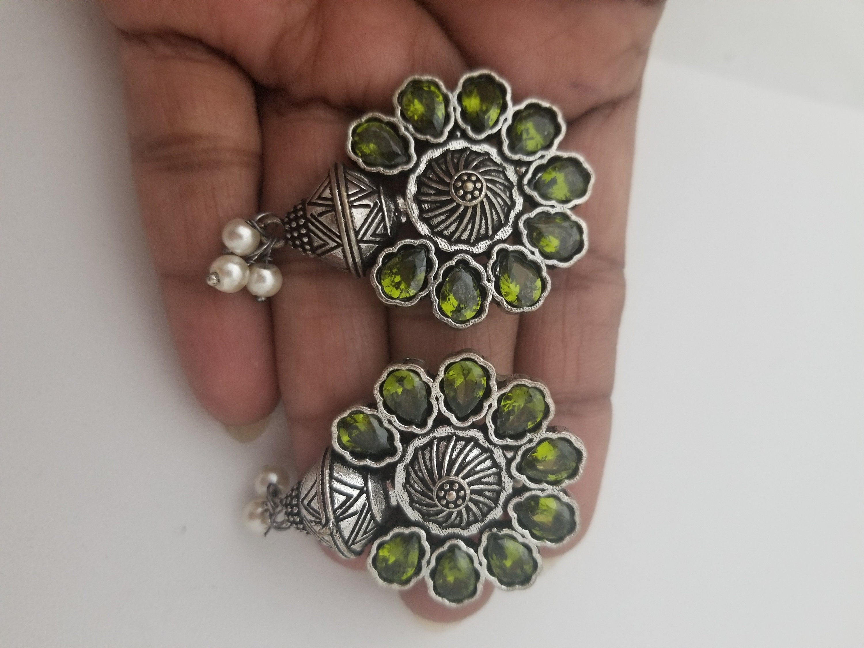 Oxidized Green stones Earrings Jhumki Jhumka for Women and Girls