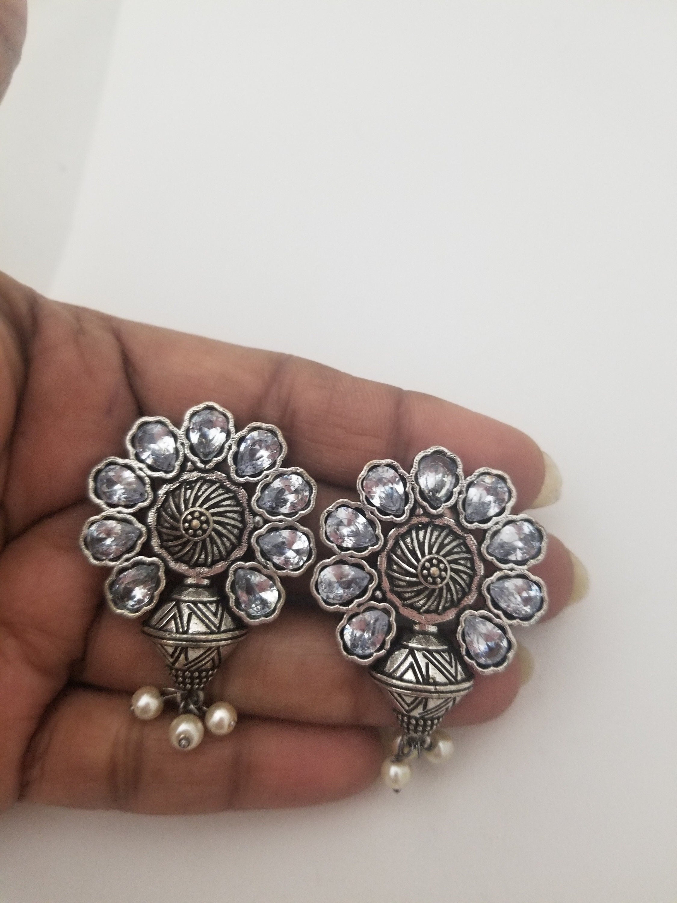 Oxidized White stones Earrings Jhumki Jhumka for Women and Girls
