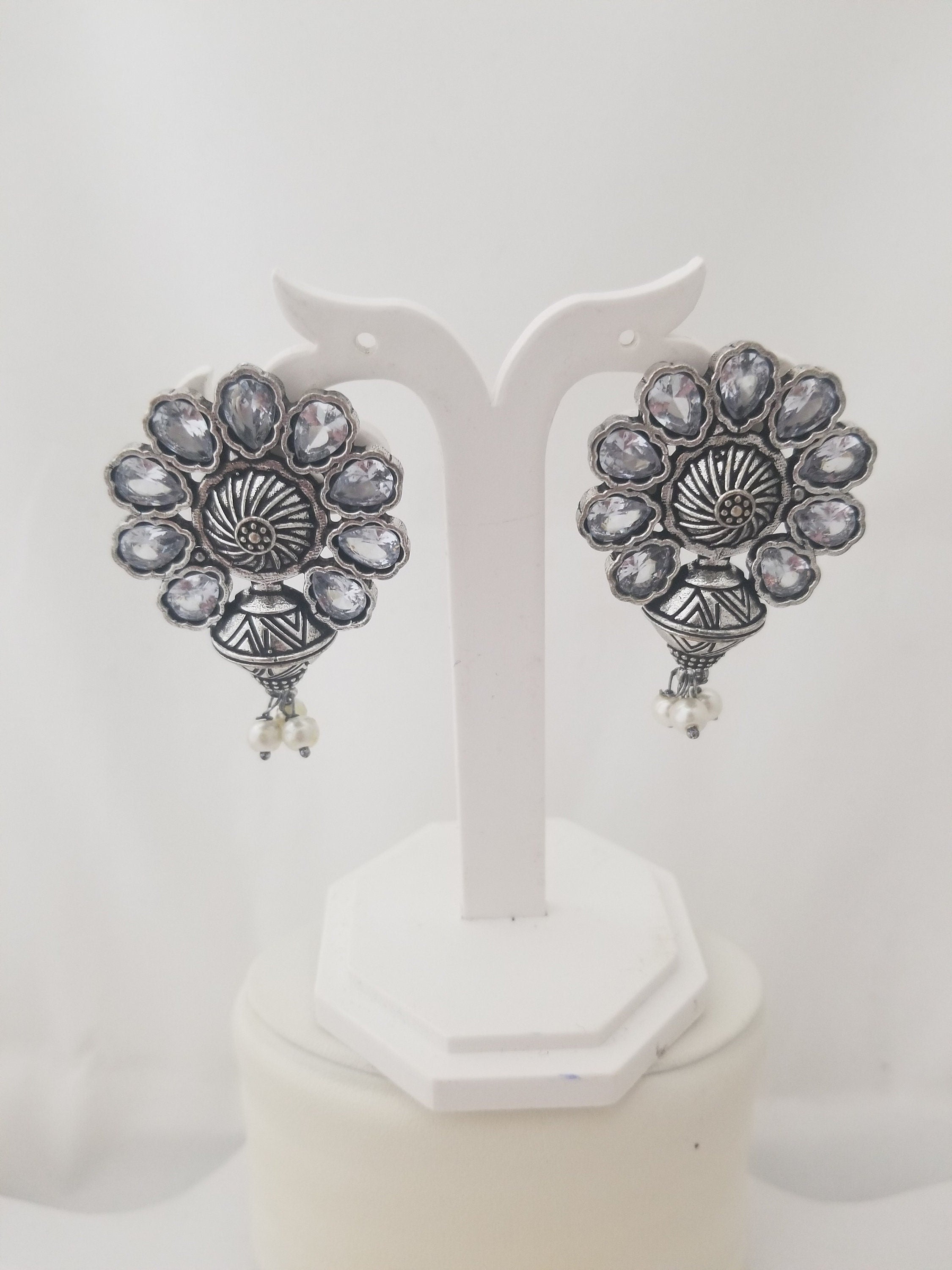 Oxidized White stones Earrings Jhumki Jhumka for Women and Girls