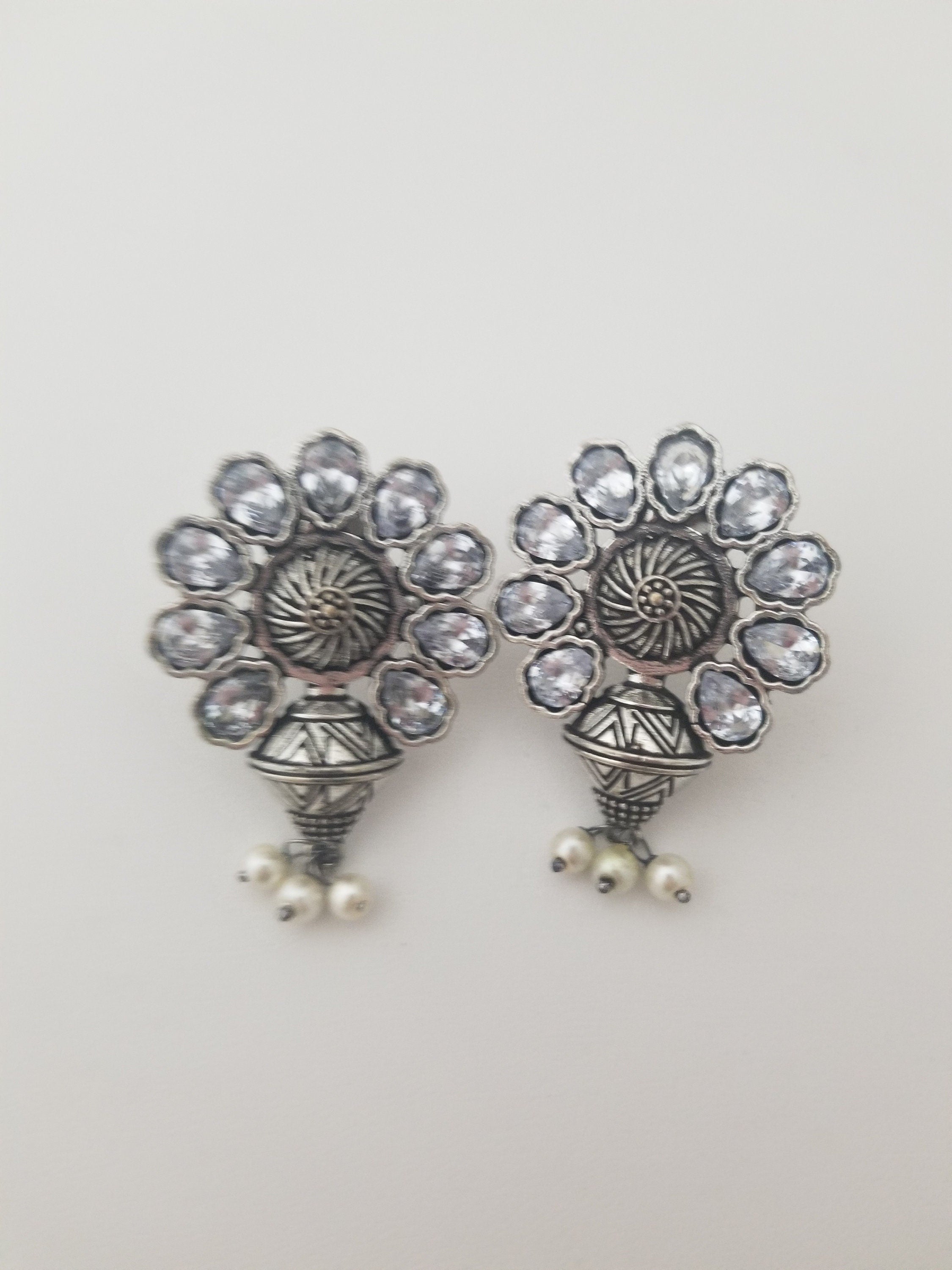 Oxidized White stones Earrings Jhumki Jhumka for Women and Girls