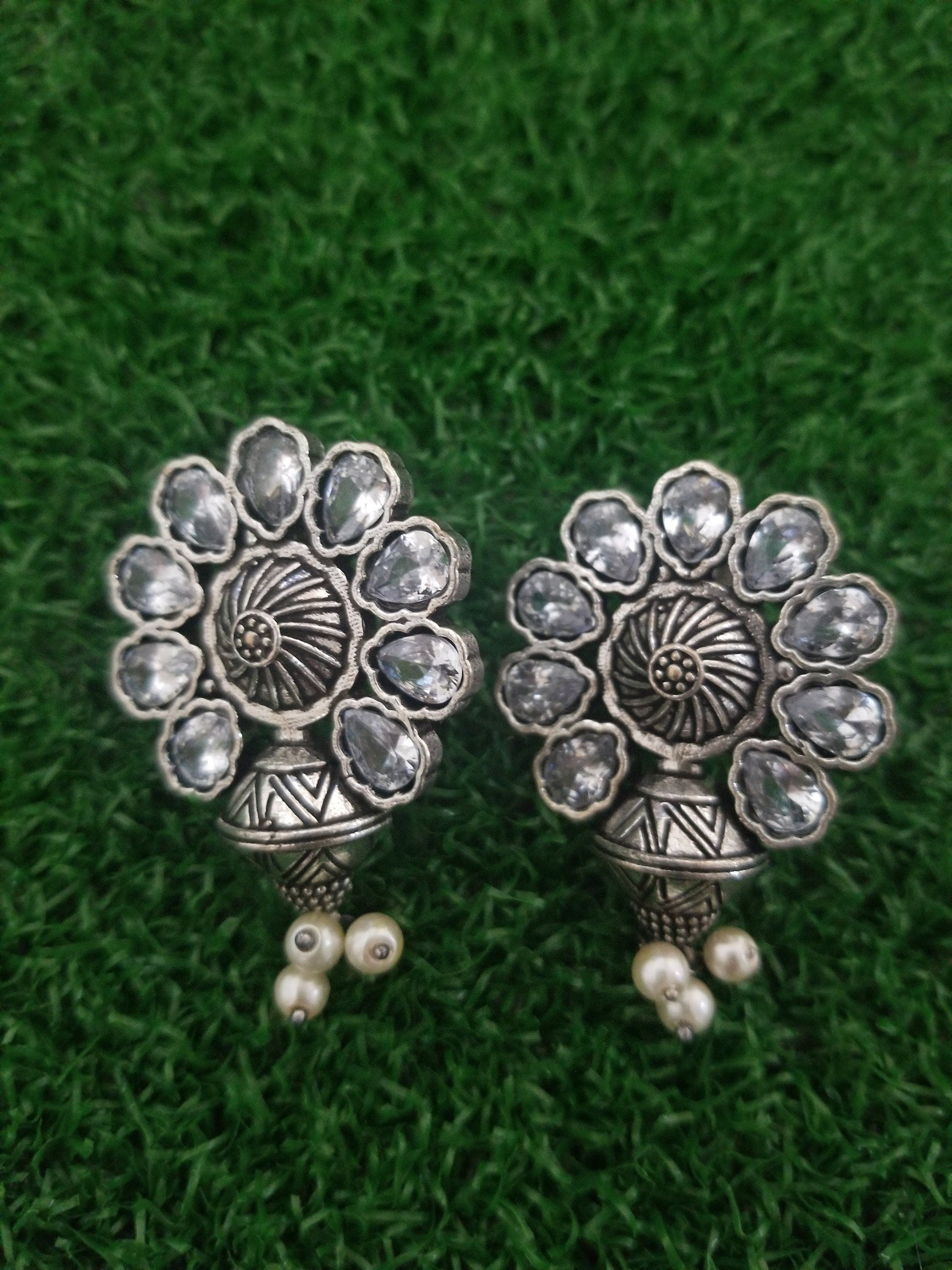Oxidized White stones Earrings Jhumki Jhumka for Women and Girls