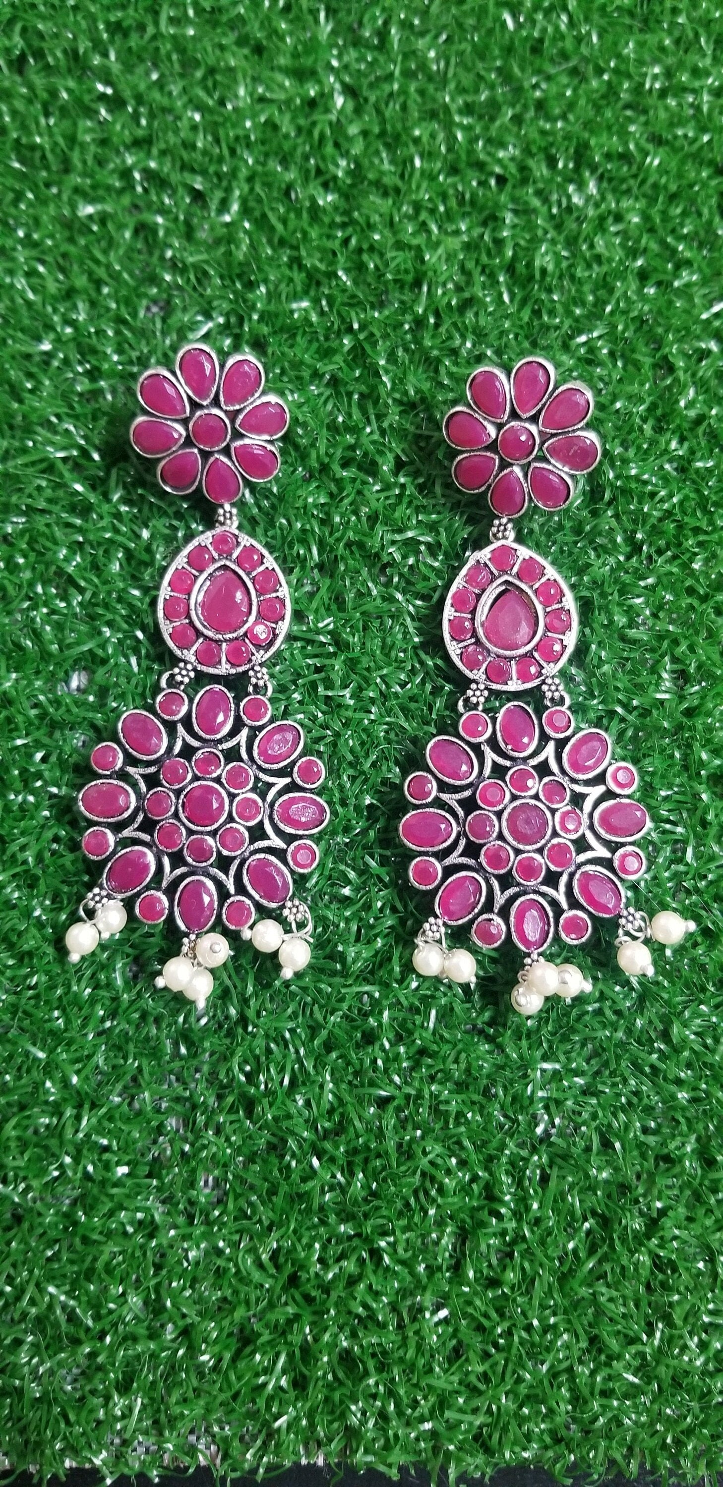 Oxidized Pink stones Earrings Jhumki Jhumka for Women and Girls