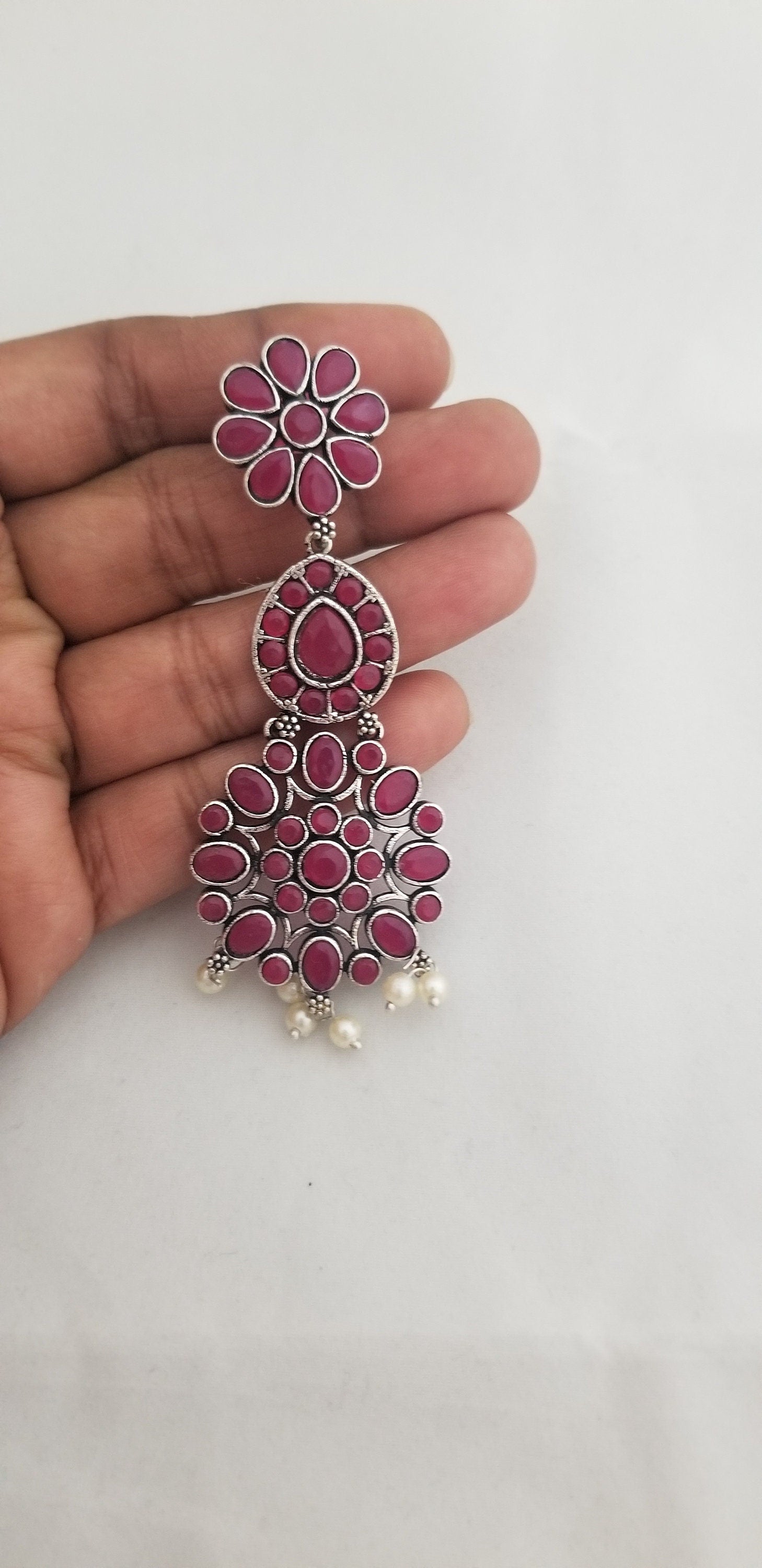 Oxidized Pink stones Earrings Jhumki Jhumka for Women and Girls