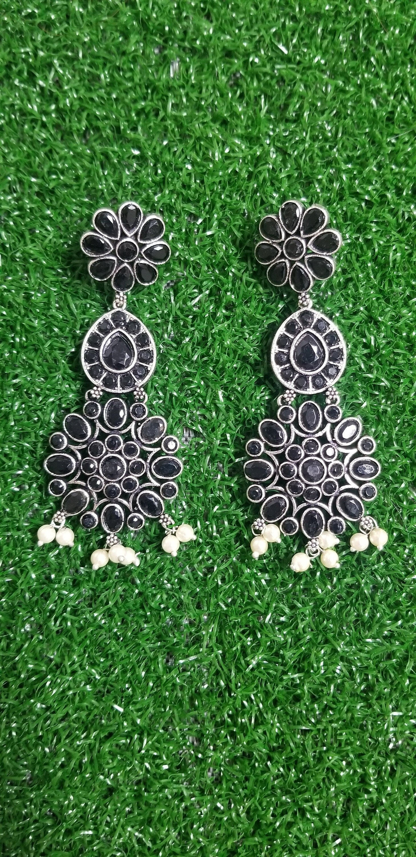 Oxidized Black stones long Earrings Jhumki Jhumka for Women and Girls