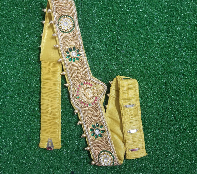 Lakshmi Aari work Hip Belt with stone work and hanging golden pearls - Elastic adjustable hook hip belt - waist belt Saree Lehenga