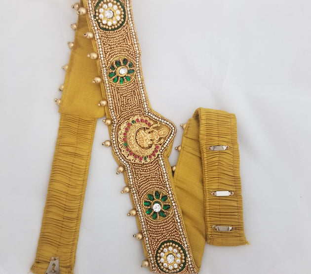 Lakshmi Aari work Hip Belt with stone work and hanging golden pearls - Elastic adjustable hook hip belt - waist belt Saree Lehenga