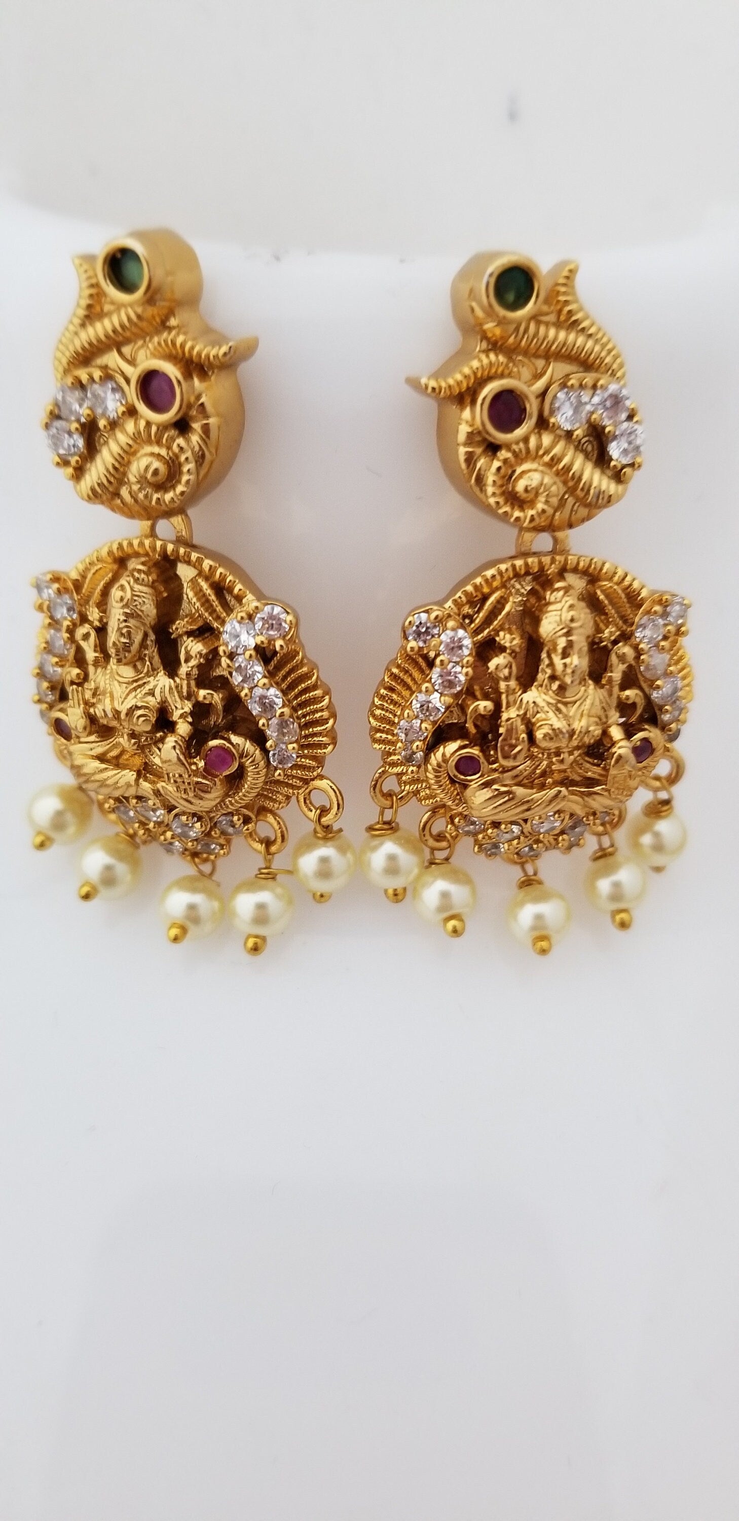 Premium Quality Lakshmi matte finish middle Haram with Beautiful Earrings - Temple Jewelry