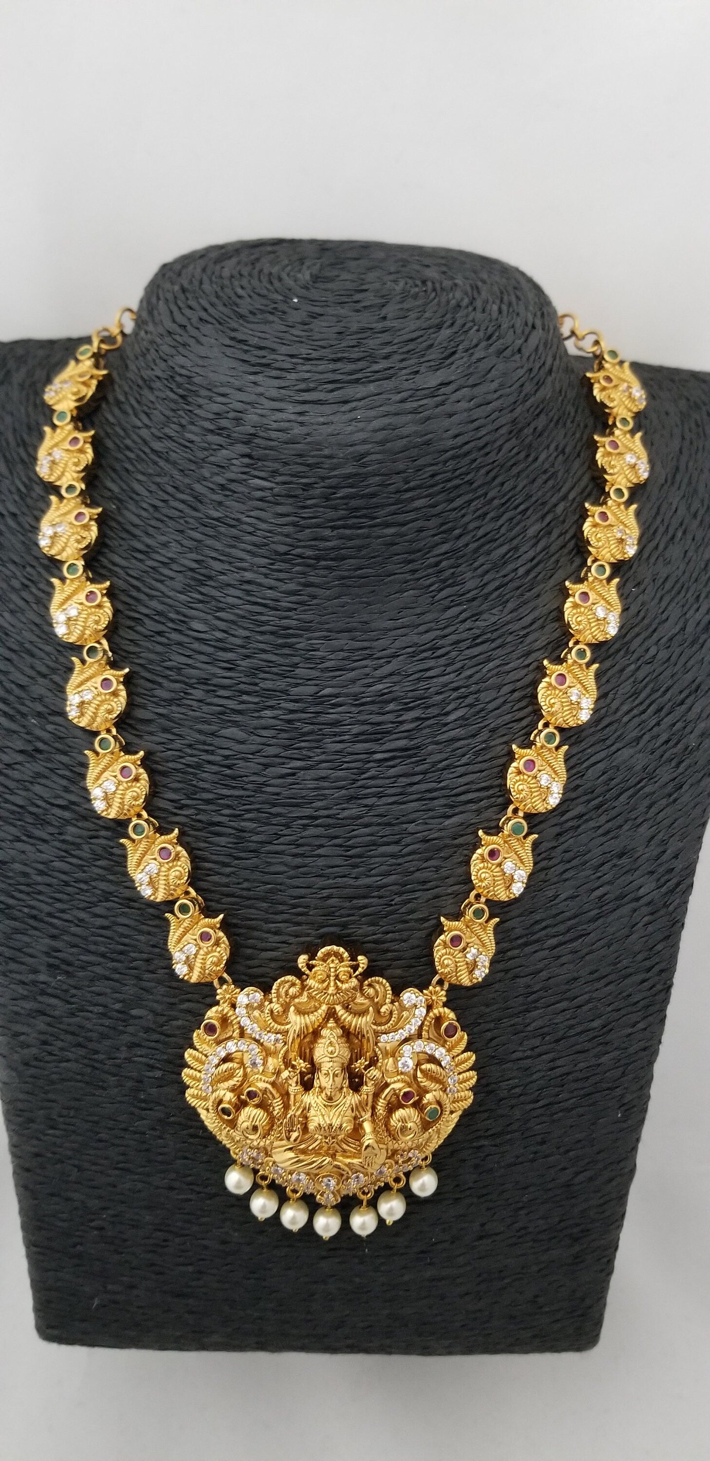 Premium Quality Lakshmi matte finish middle Haram with Beautiful Earrings - Temple Jewelry