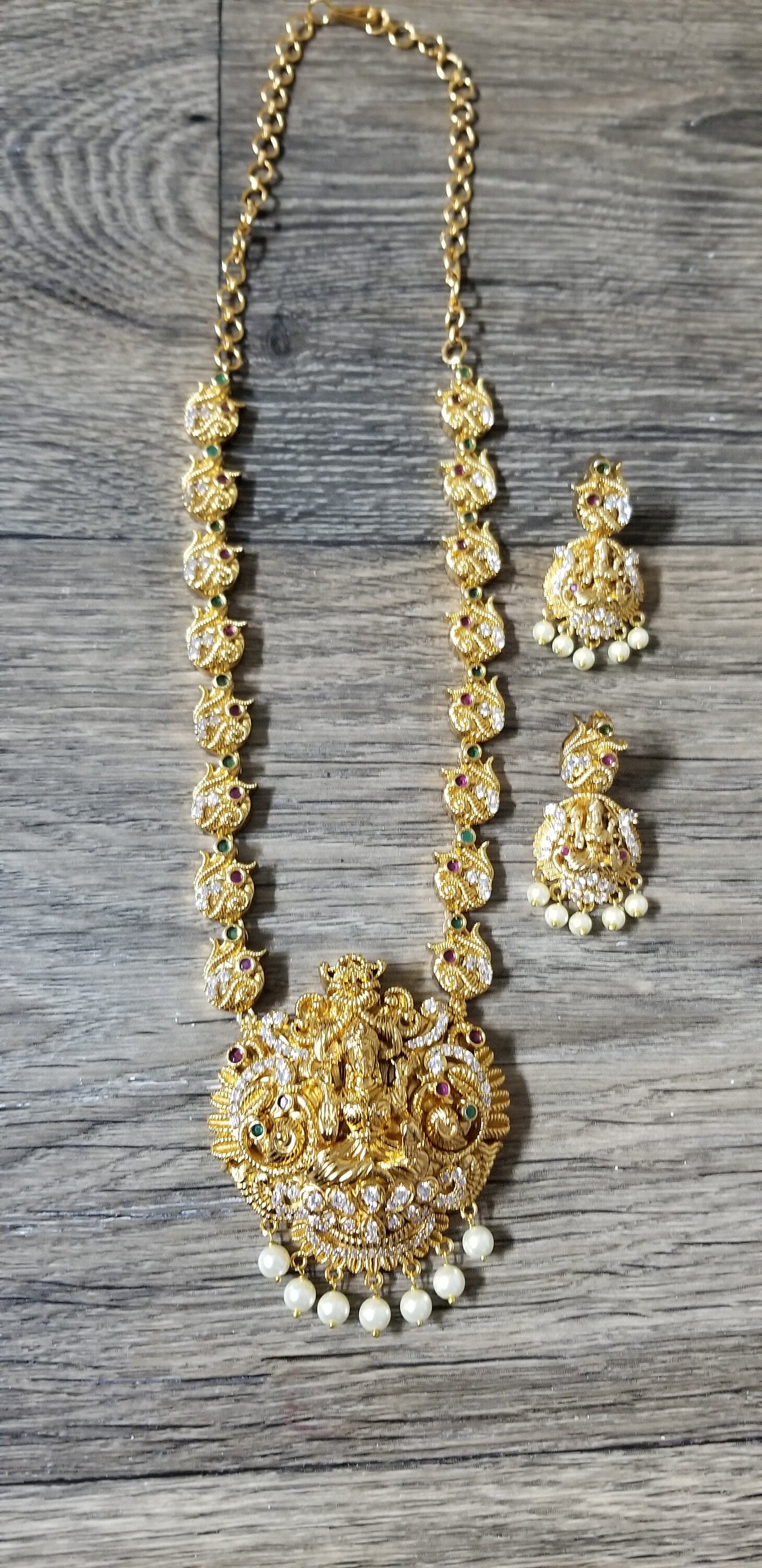 Premium Quality Lakshmi matte finish middle Haram with Beautiful Earrings - Temple Jewelry