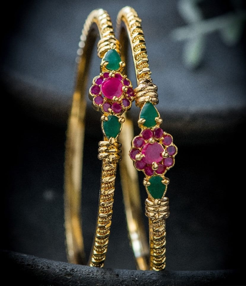 Gold finish with Multi-color stone Bangles - Set of 2 Bangles - Size 2.6