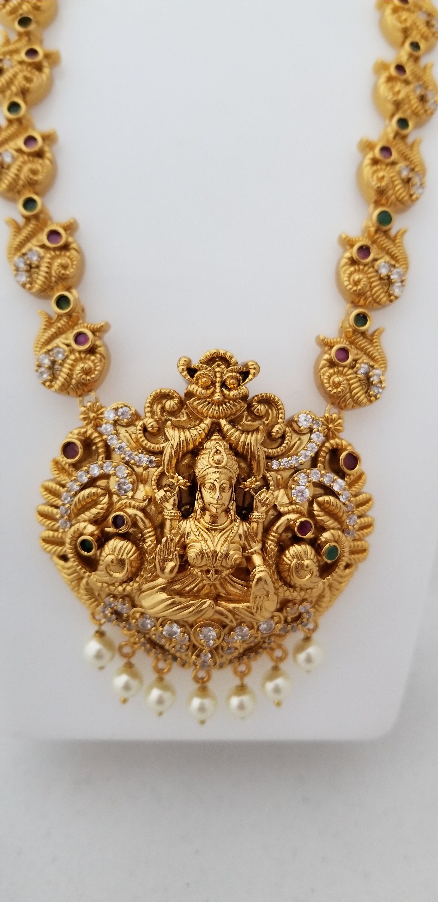 Premium Quality Lakshmi matte finish middle Haram with Beautiful Earrings - Temple Jewelry
