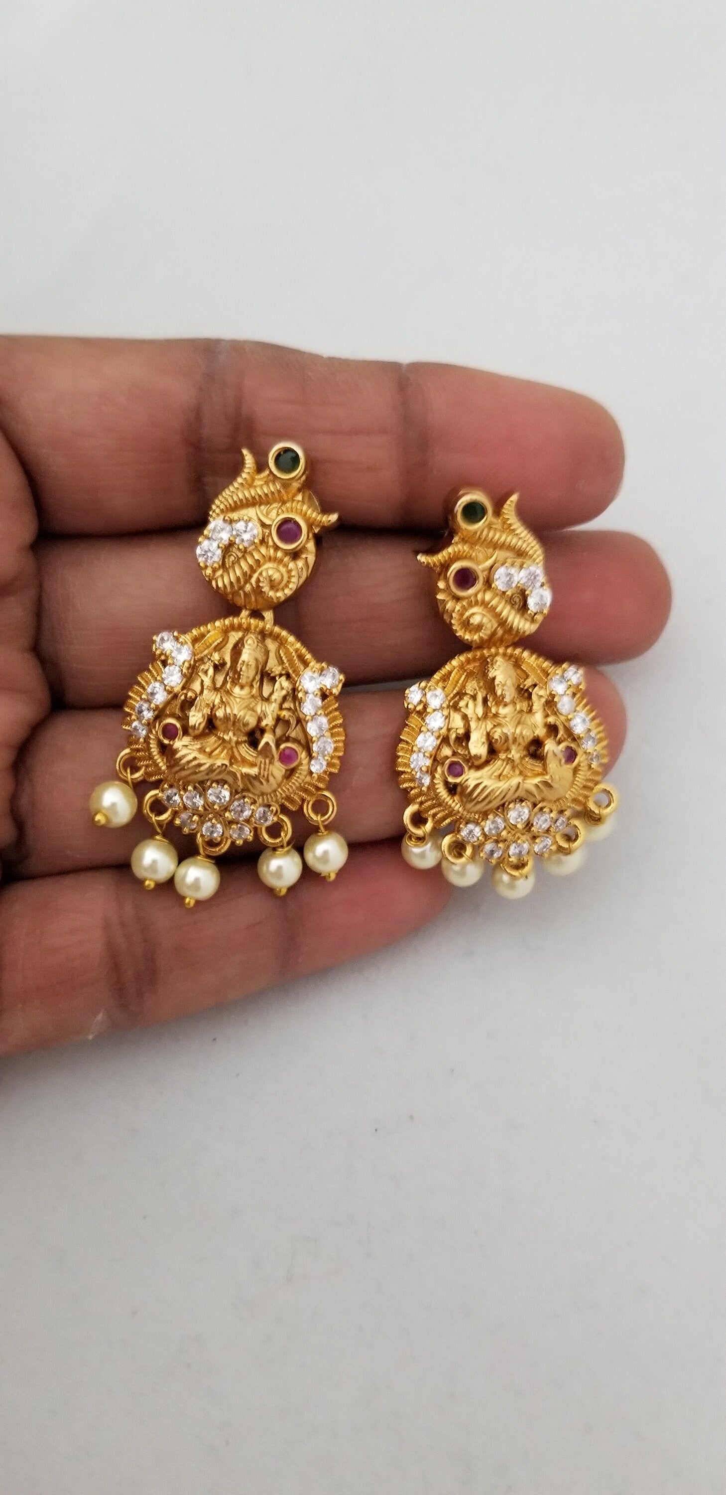 Premium Quality Lakshmi matte finish middle Haram with Beautiful Earrings - Temple Jewelry