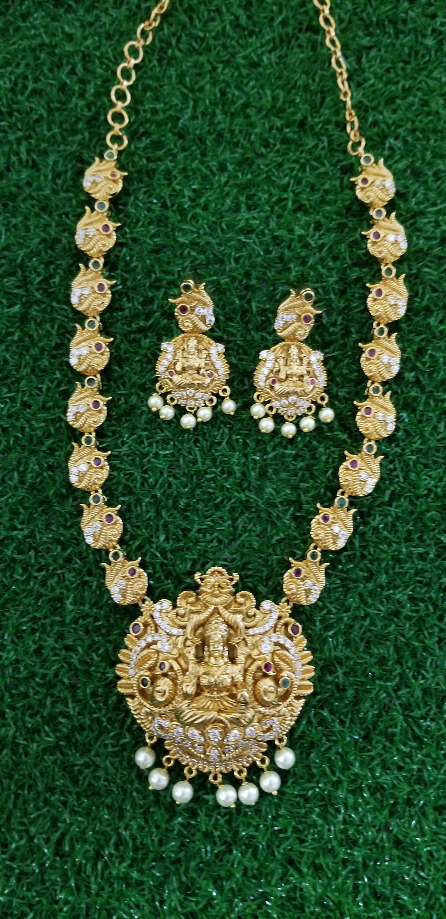 Premium Quality Lakshmi matte finish middle Haram with Beautiful Earrings - Temple Jewelry