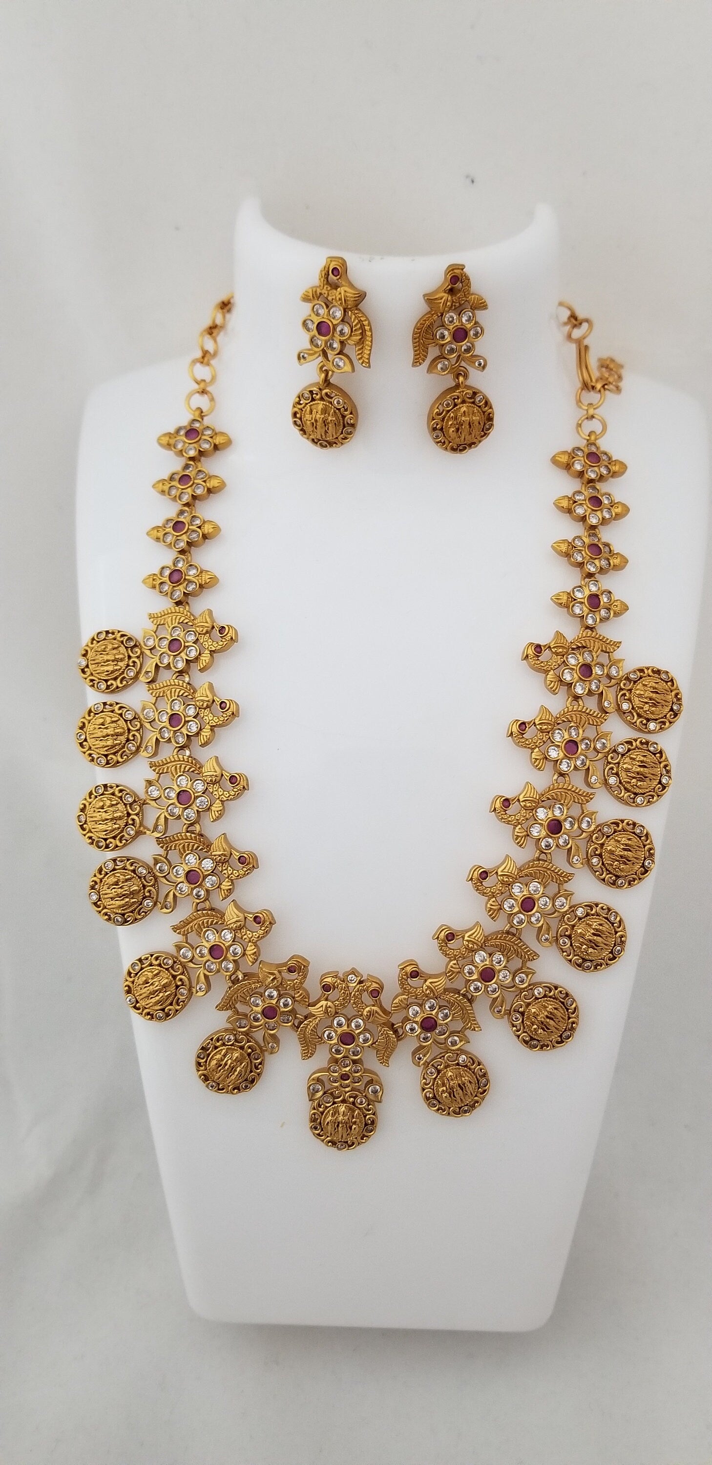 Premium Quality CZ Matte finish Peacock and Ramparivar Necklace with Beautiful Earrings