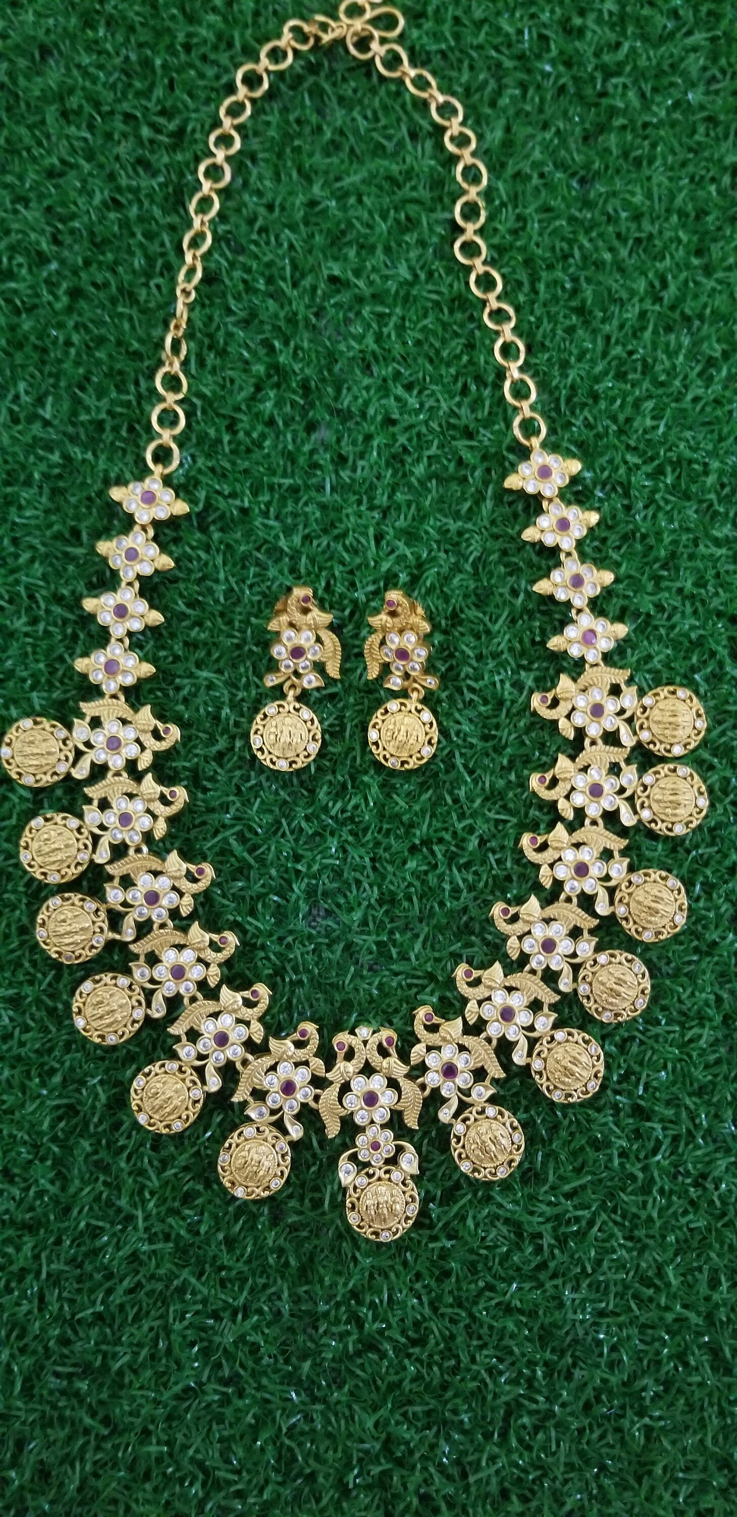 Premium Quality CZ Matte finish Peacock and Ramparivar Necklace with Beautiful Earrings