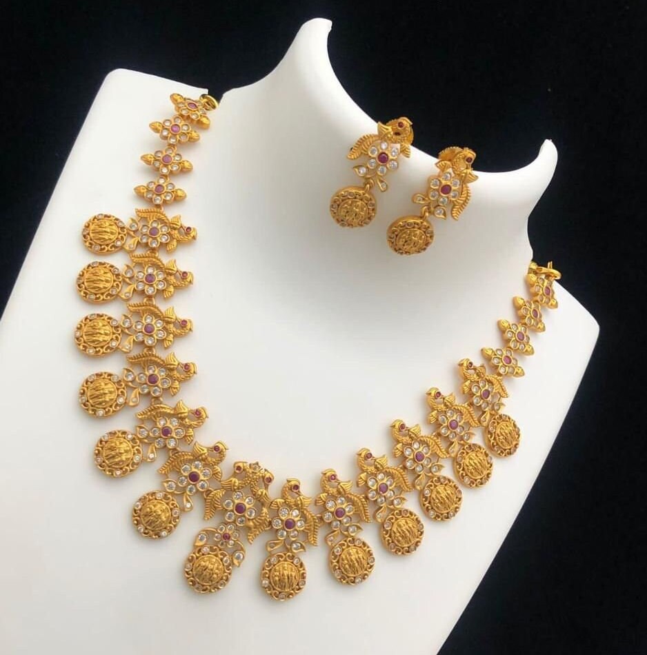 Premium Quality CZ Matte finish Peacock and Ramparivar Necklace with Beautiful Earrings
