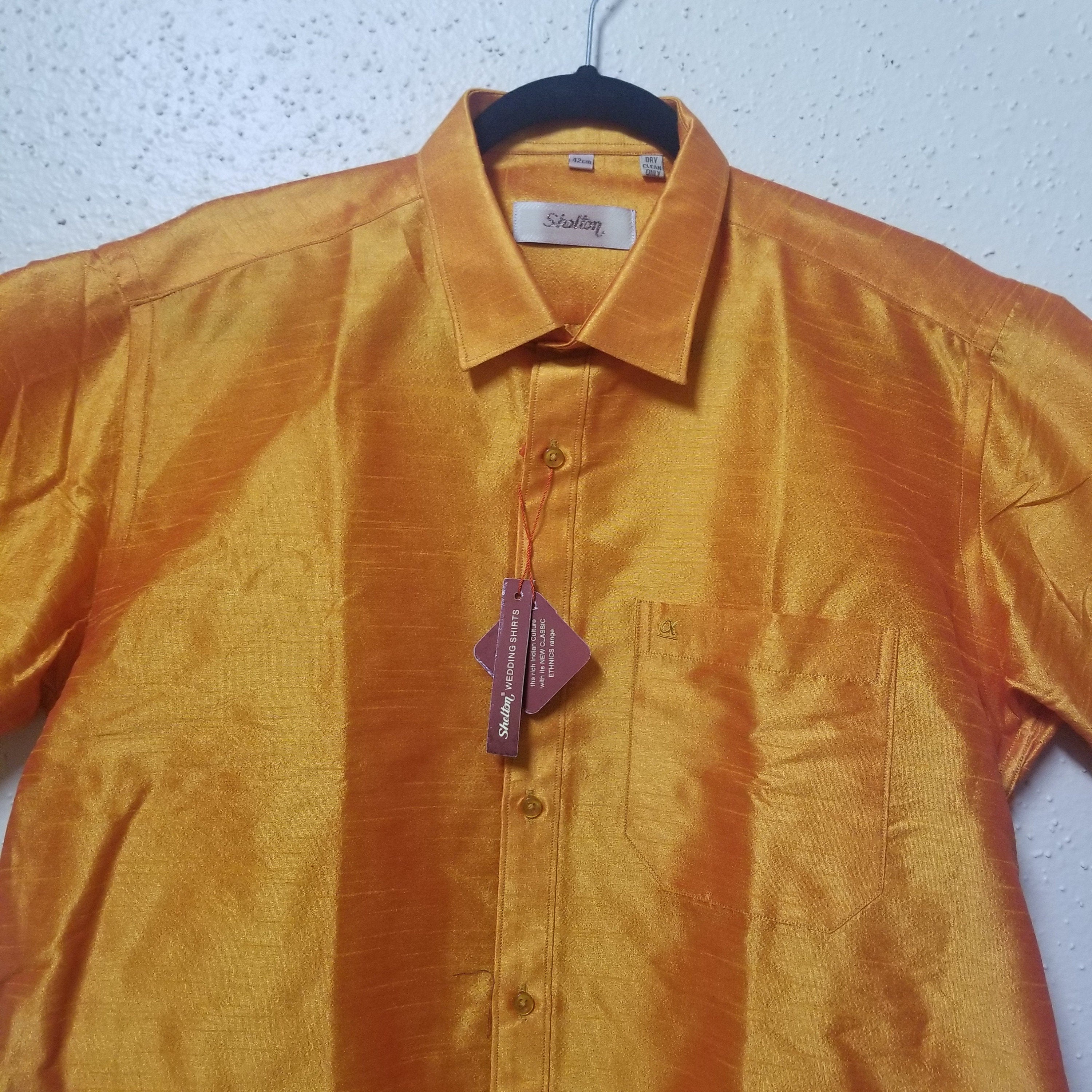 Men's Silk Shirt - Half Hand - Golden Yellow - Size 42 - XL Size - Partywear Shirt - Indian Dresses