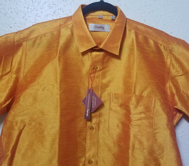 Men's Silk Shirt - Half Hand - Golden Yellow - Size 42 - XL Size - Partywear Shirt - Indian Dresses