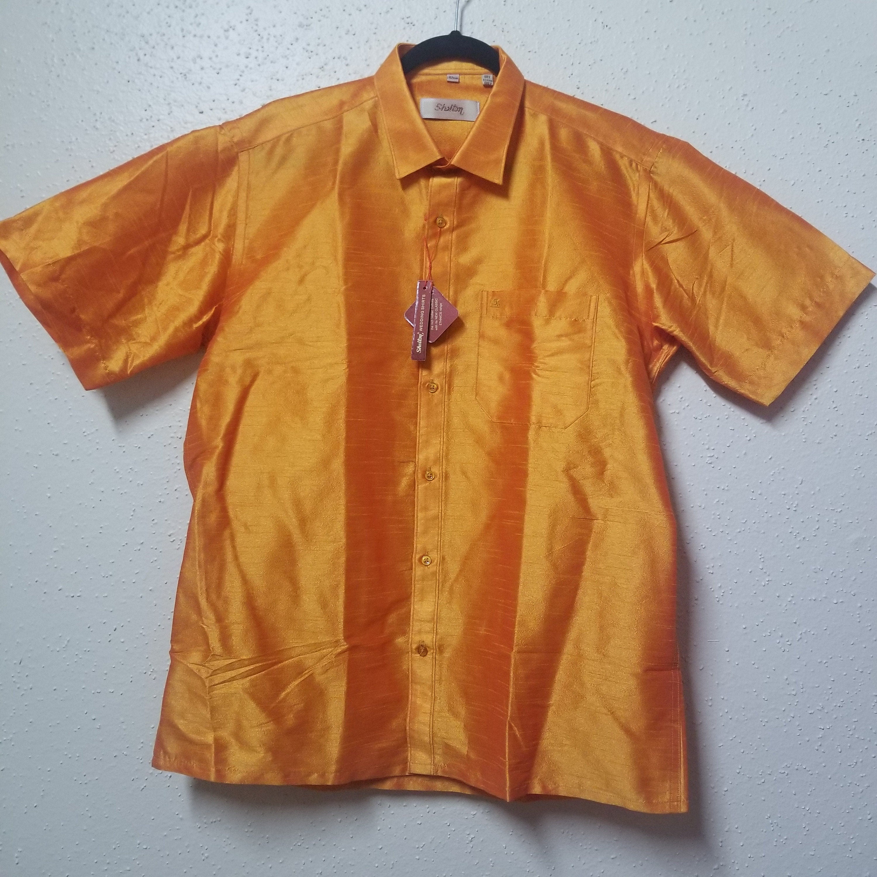 Men's Silk Shirt - Half Hand - Golden Yellow - Size 42 - XL Size - Partywear Shirt - Indian Dresses