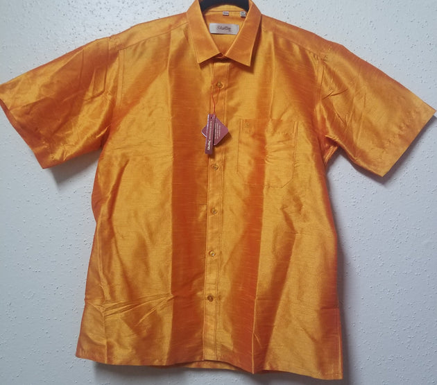 Men's Silk Shirt - Half Hand - Golden Yellow - Size 42 - XL Size - Partywear Shirt - Indian Dresses