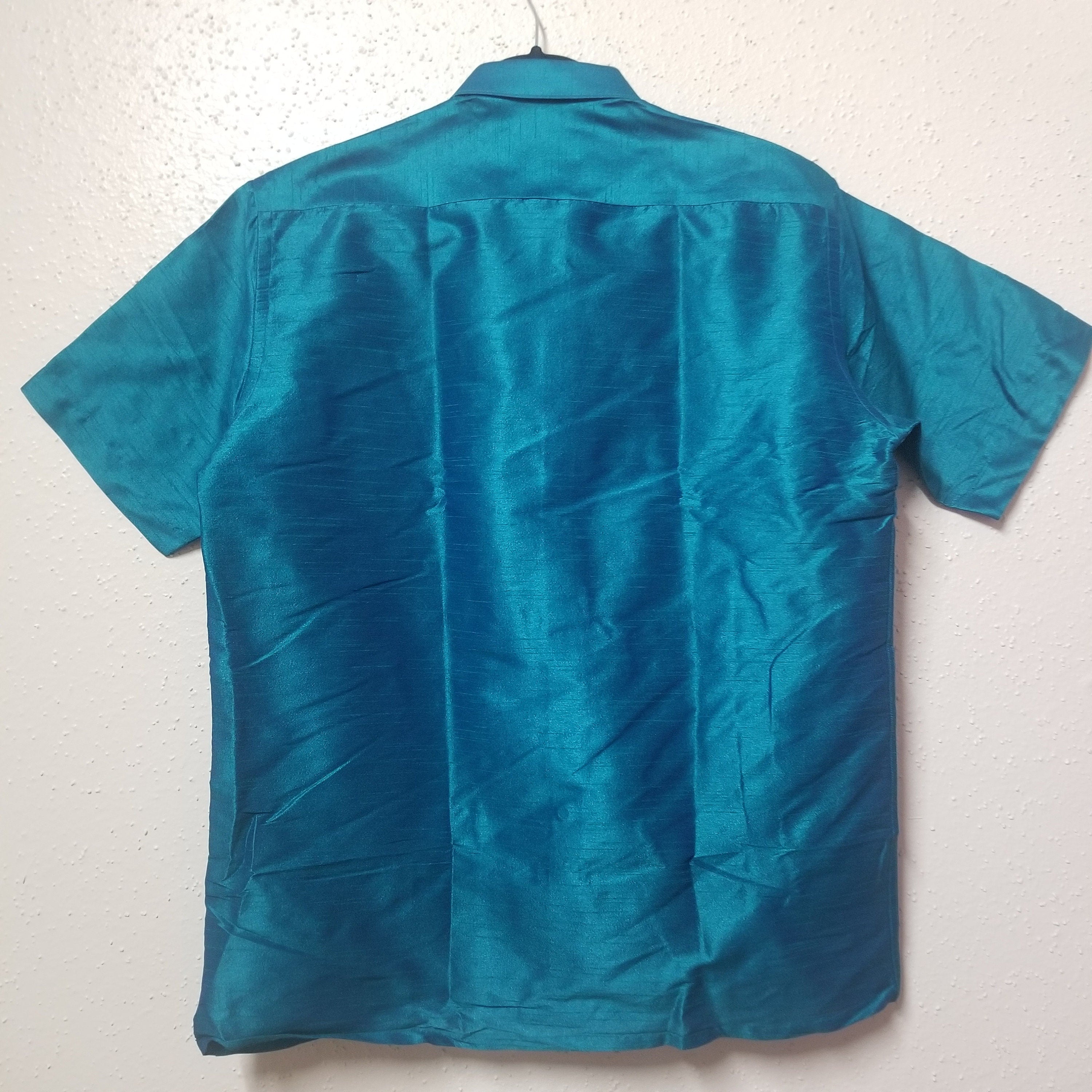Men's Silk Shirt - Half Hand - Peacock Green color - Size 42 - XL Size - Partywear Shirt - Indian Dresses