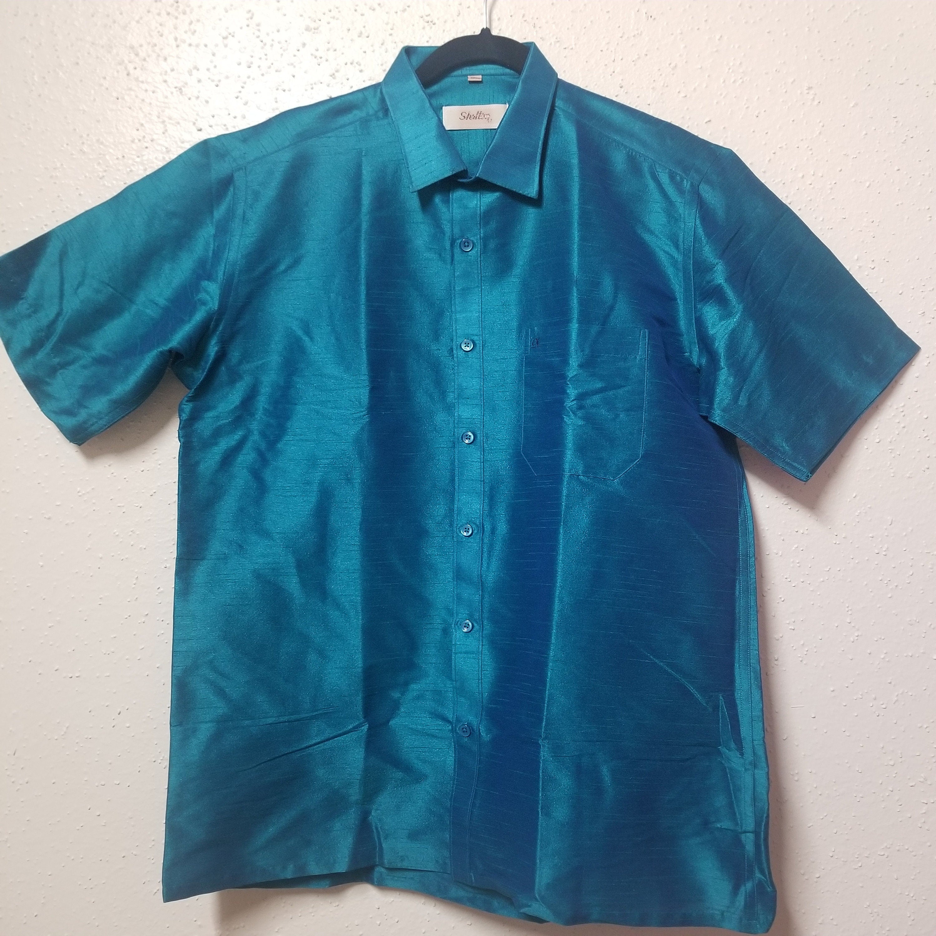 Men's Silk Shirt - Half Hand - Peacock Green color - Size 42 - XL Size - Partywear Shirt - Indian Dresses