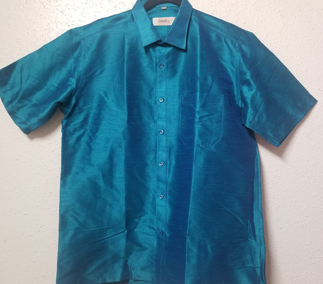 Men's Silk Shirt - Half Hand - Peacock Green color - Size 42 - XL Size - Partywear Shirt - Indian Dresses