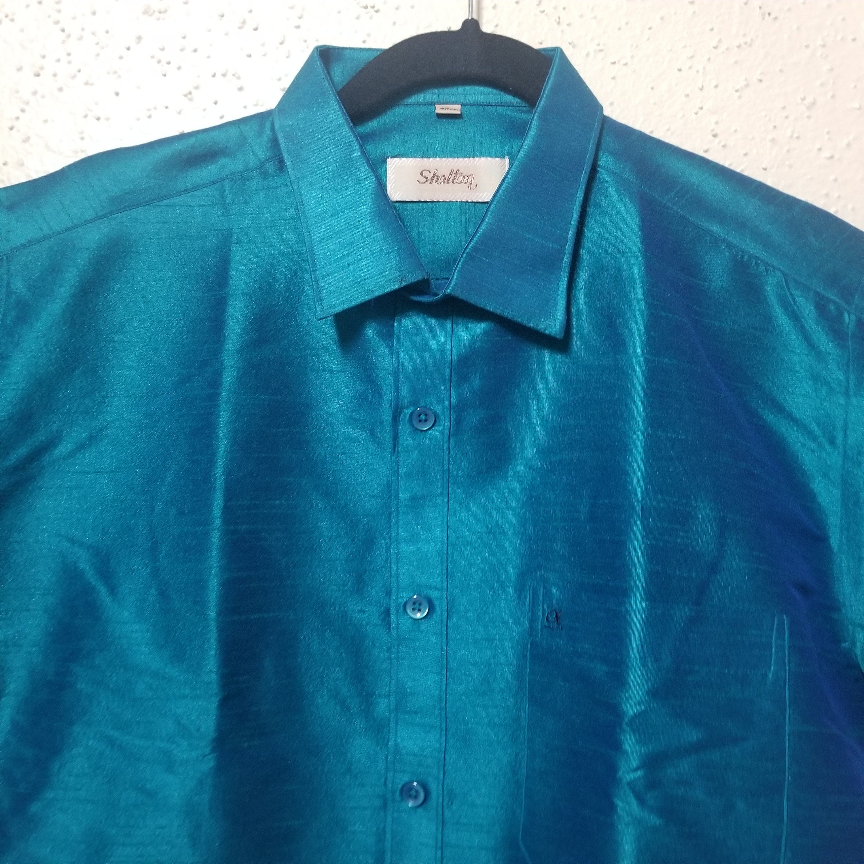 Men's Silk Shirt - Half Hand - Peacock Green color - Size 42 - XL Size - Partywear Shirt - Indian Dresses
