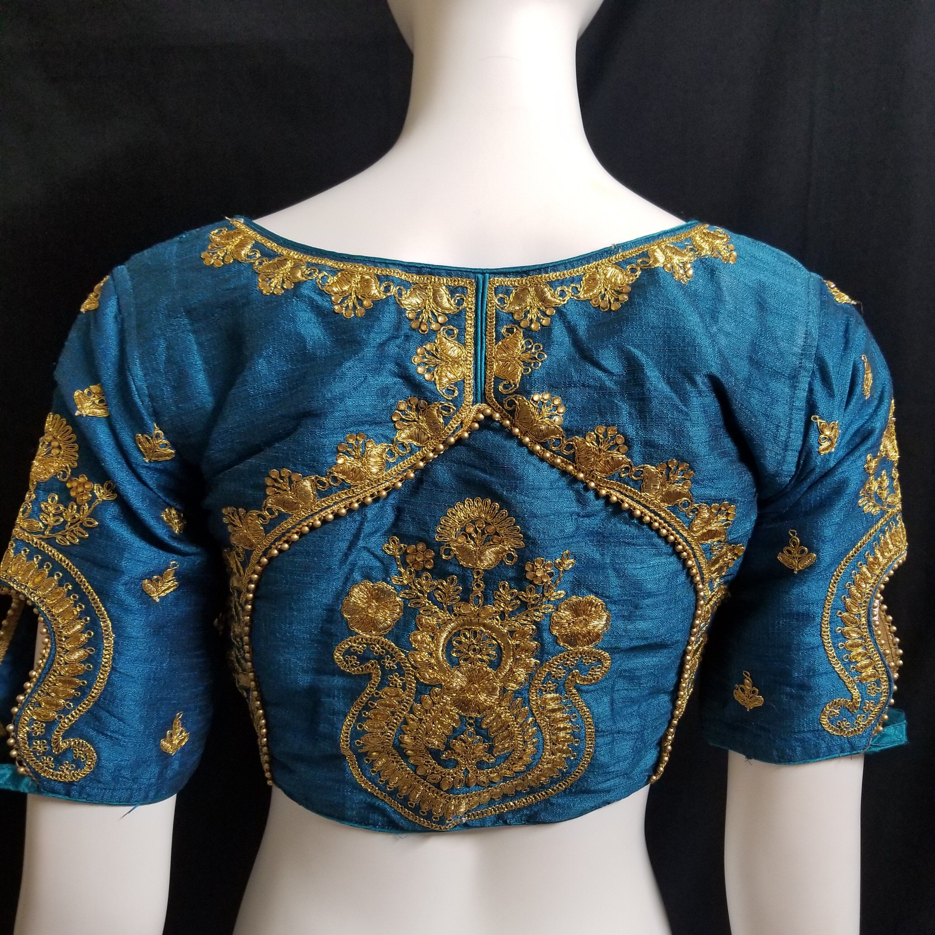 Readymade Saree Blouse - Peacock blue Color Embroidery work Silk base Blouse (with pad) - Size 38 (can alter 36, 40)