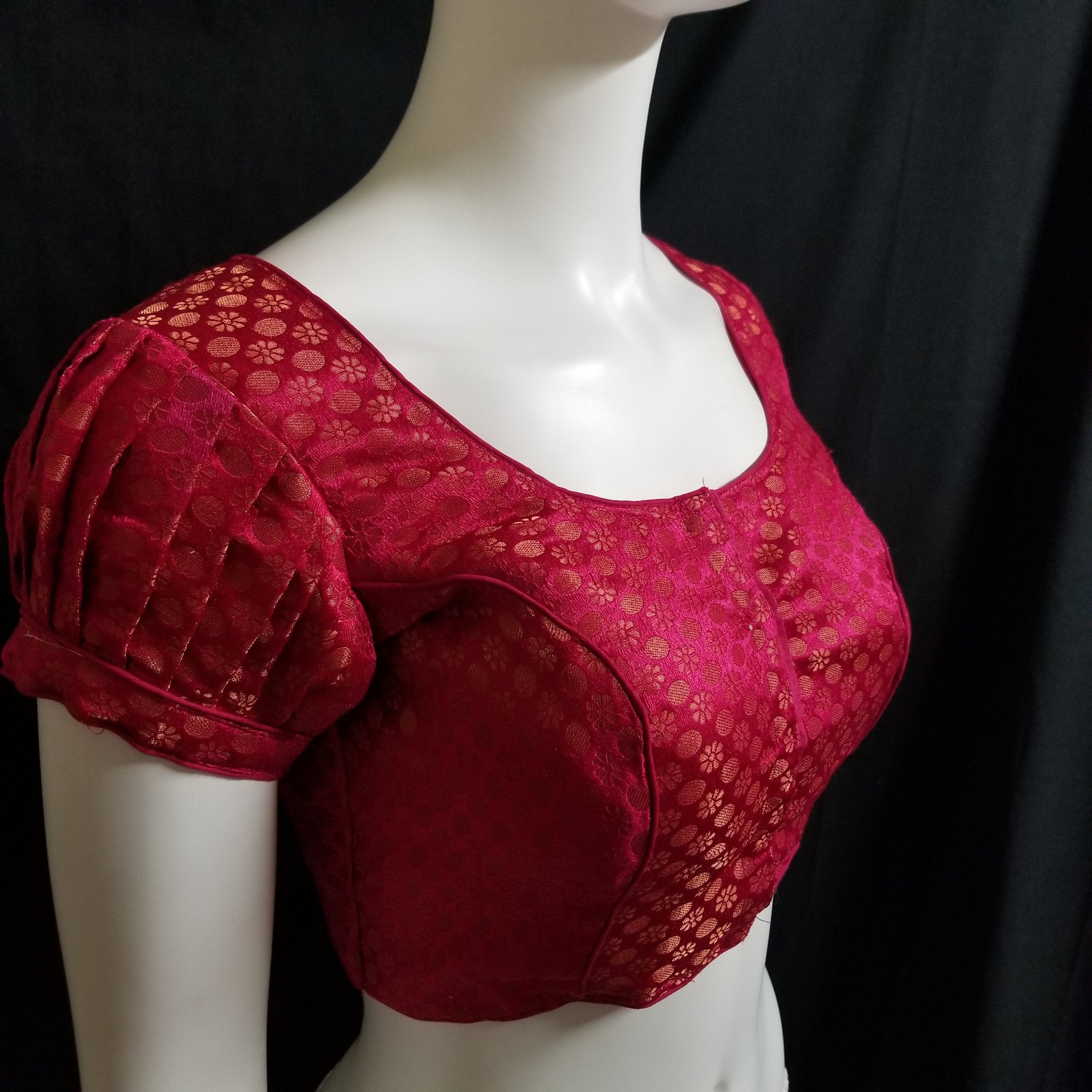 Readymade Saree Blouse - Dark Pink Puff Silk base Blouse - Princess cut with (removable) pad Blouse - size 36" (Can alter 34, 38)