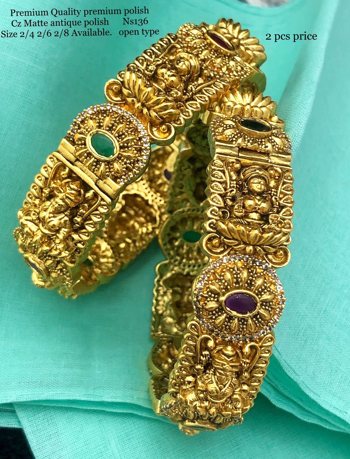Premium Quality Premium Polish Lakshmi CZ Matte antique (open type) bangles - Set of 2 bangles - Size 2.6
