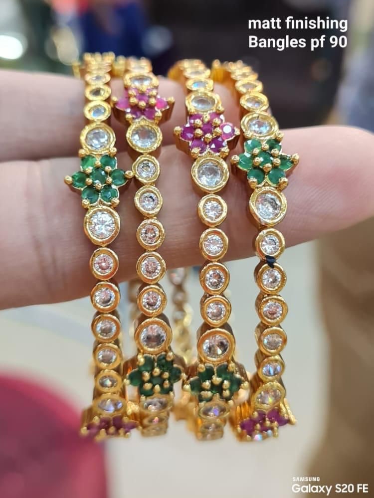Premium Quality CZ Matte finish with Multi-color stone flower work bangles - Set of 4 bangles - Size 2.6