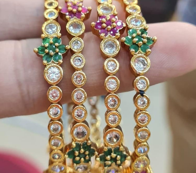 Premium Quality CZ Matte finish with Multi-color stone flower work bangles - Set of 4 bangles - Size 2.6