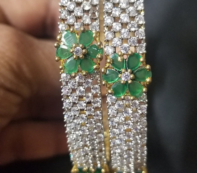 Premium Quality Gold finish AD White and Green stone flower type Bangles - Set of 2 bangles - Size 2.6