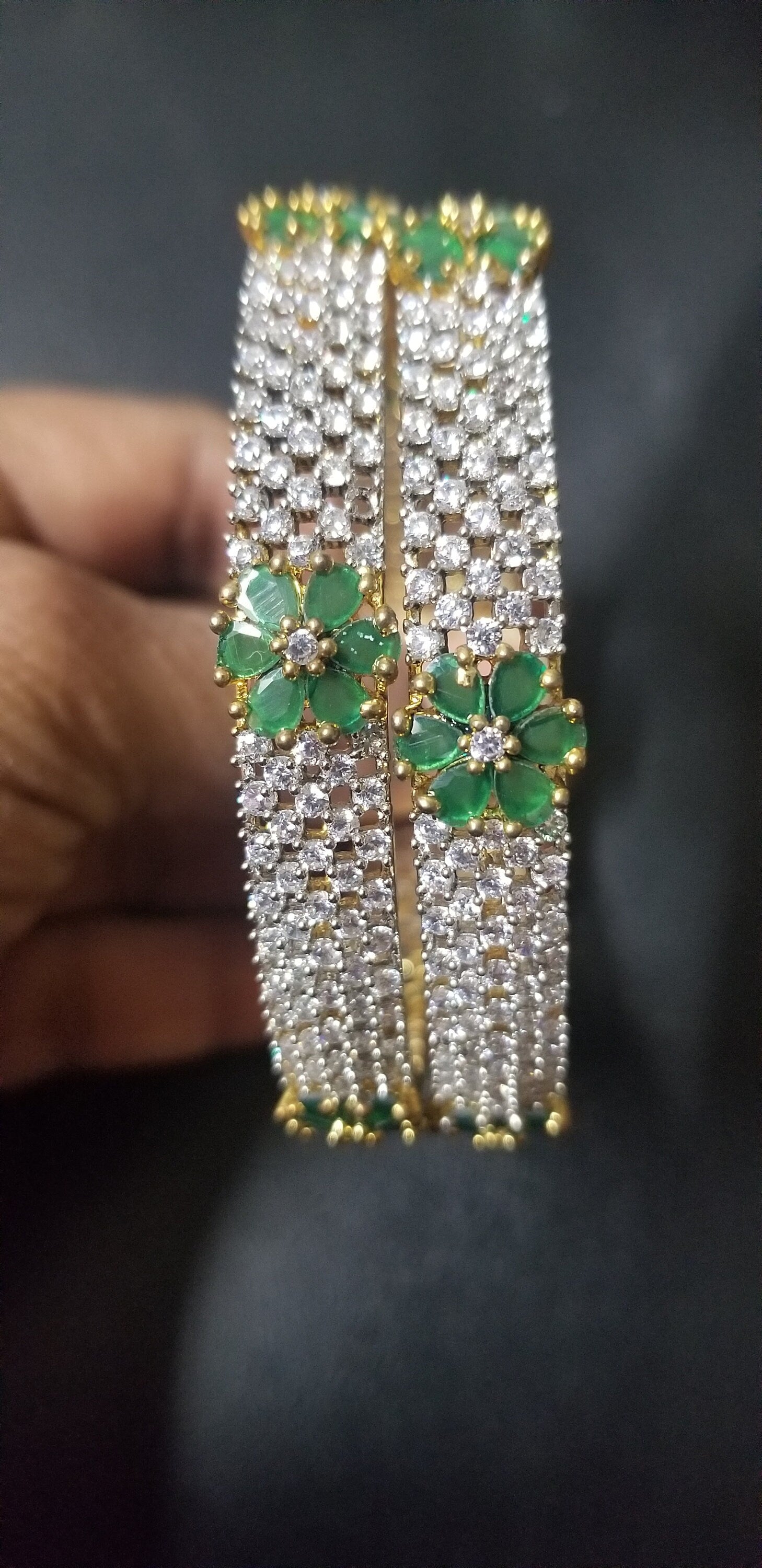 Premium Quality Gold finish AD White and Green stone flower type Bangles - Set of 2 bangles - Size 2.6