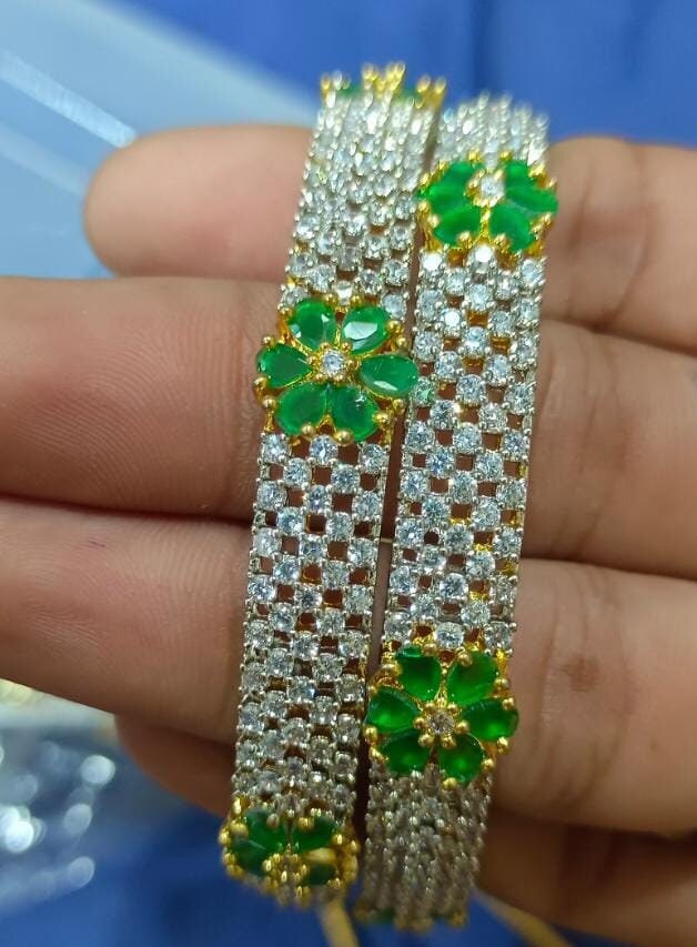 Premium Quality Gold finish AD White and Green stone flower type Bangles - Set of 2 bangles - Size 2.6