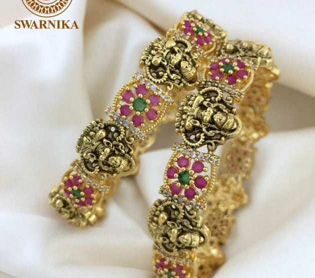 Premium Quality Lakshmi CZ Matte flower type bangles - Set of 2 bangles - Size 2.6