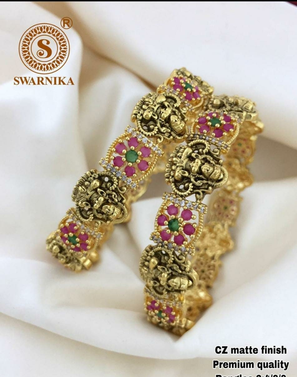 Premium Quality Lakshmi CZ Matte flower type bangles - Set of 2 bangles - Size 2.6
