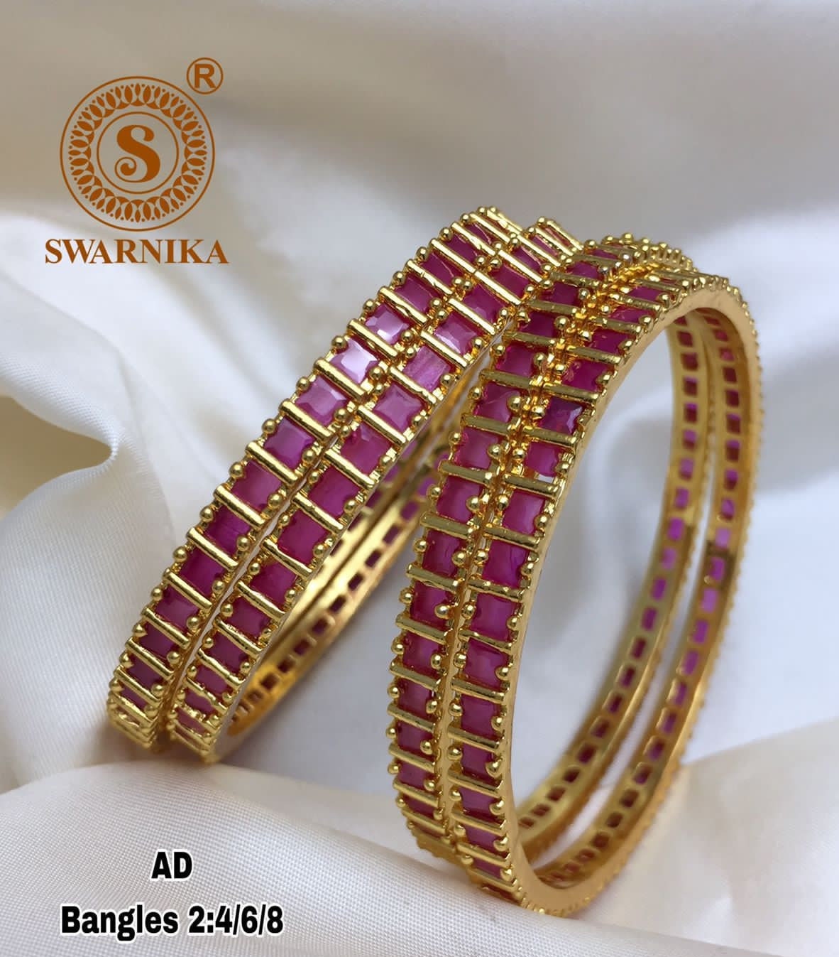 Premium Quality Gold finish AD Pink stone Bangles - Set of 4 bangles - Size 2.6