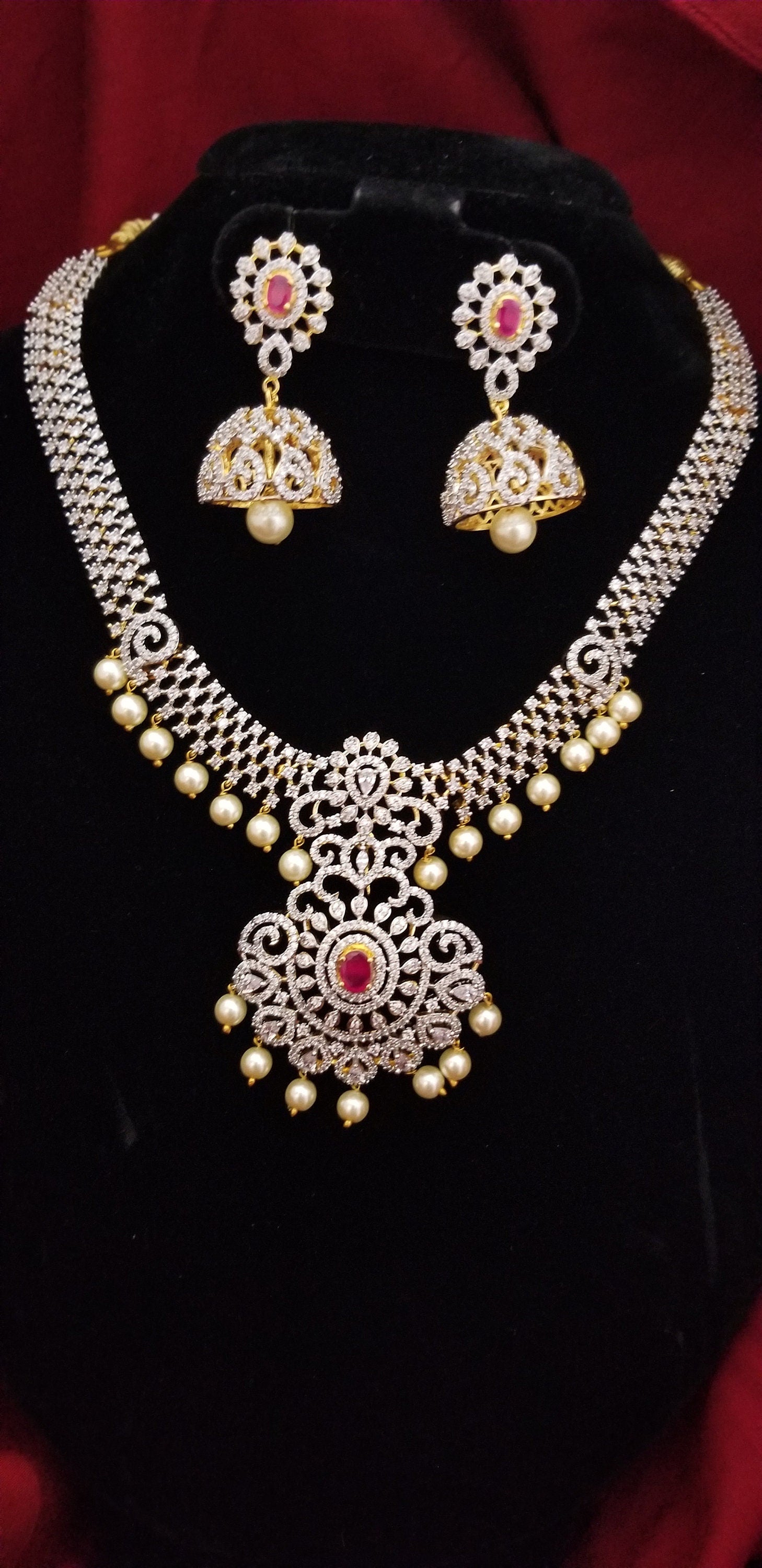 Premium Gold finish White with Pink AD Stone Necklace (Removable Pendent) with matching Jhumki