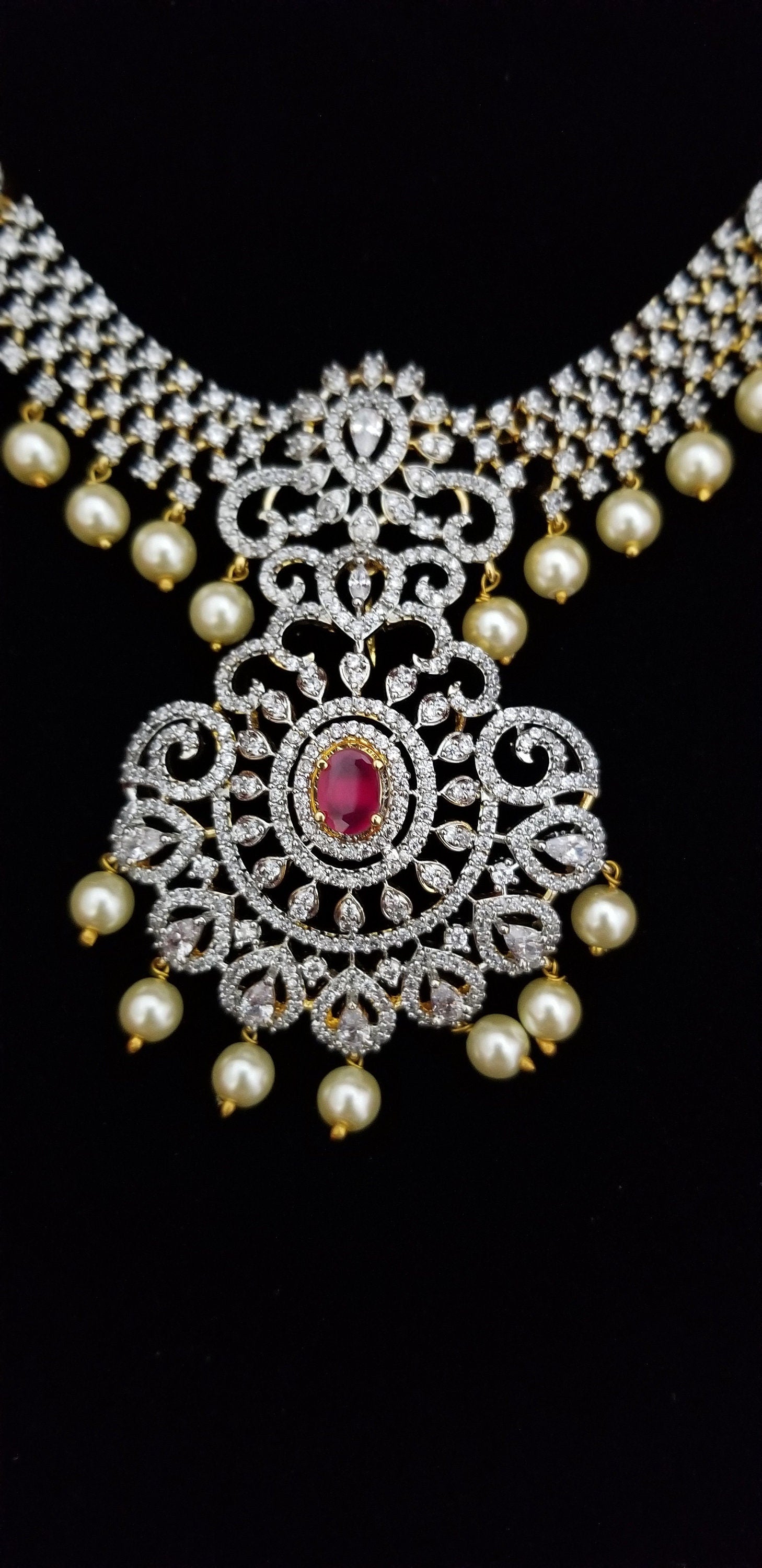 Premium Gold finish White with Pink AD Stone Necklace (Removable Pendent) with matching Jhumki