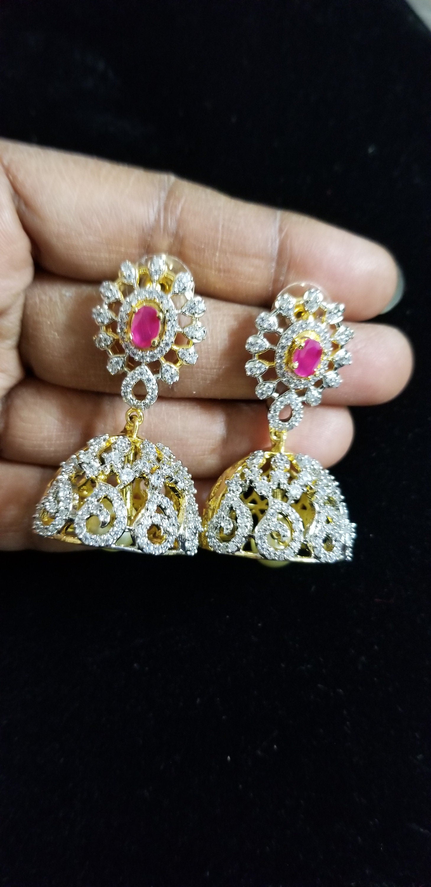 Premium Gold finish White with Pink AD Stone Necklace (Removable Pendent) with matching Jhumki