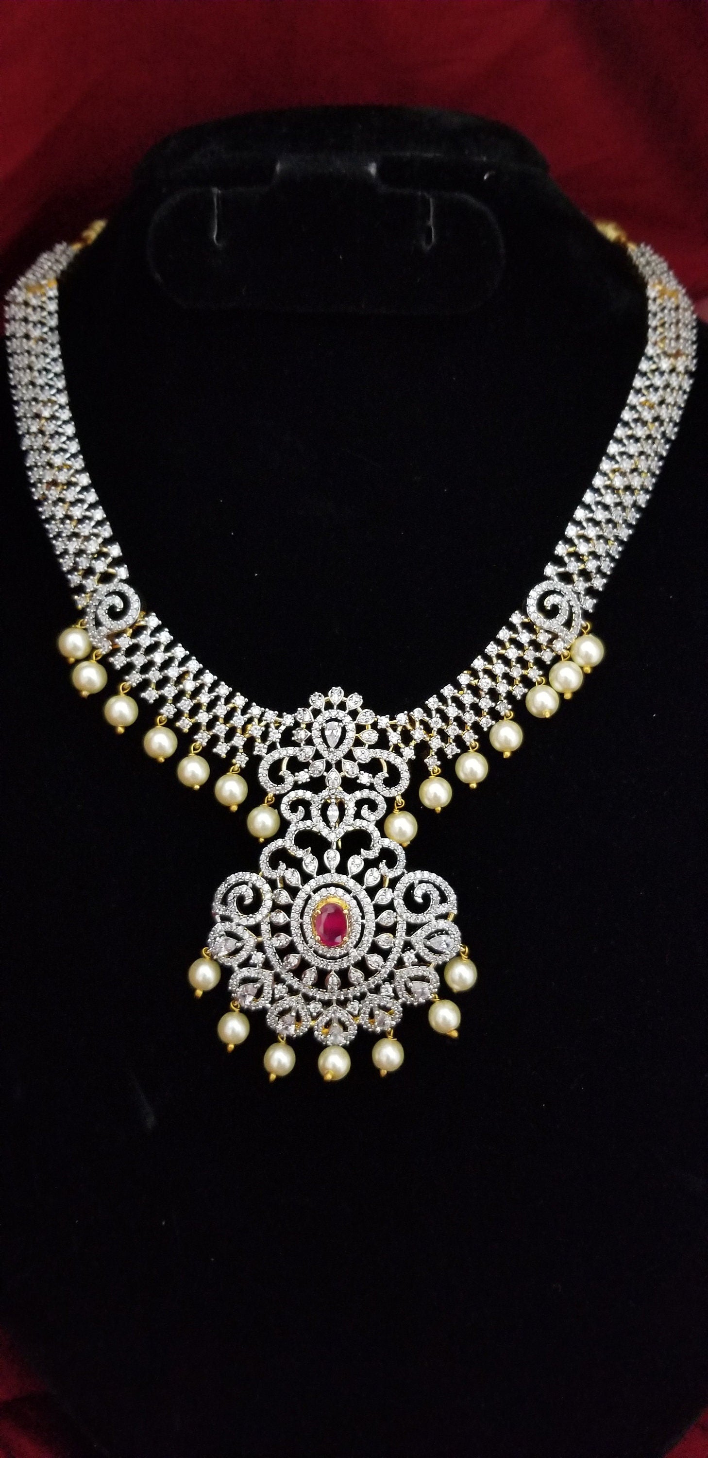 Premium Gold finish White with Pink AD Stone Necklace (Removable Pendent) with matching Jhumki