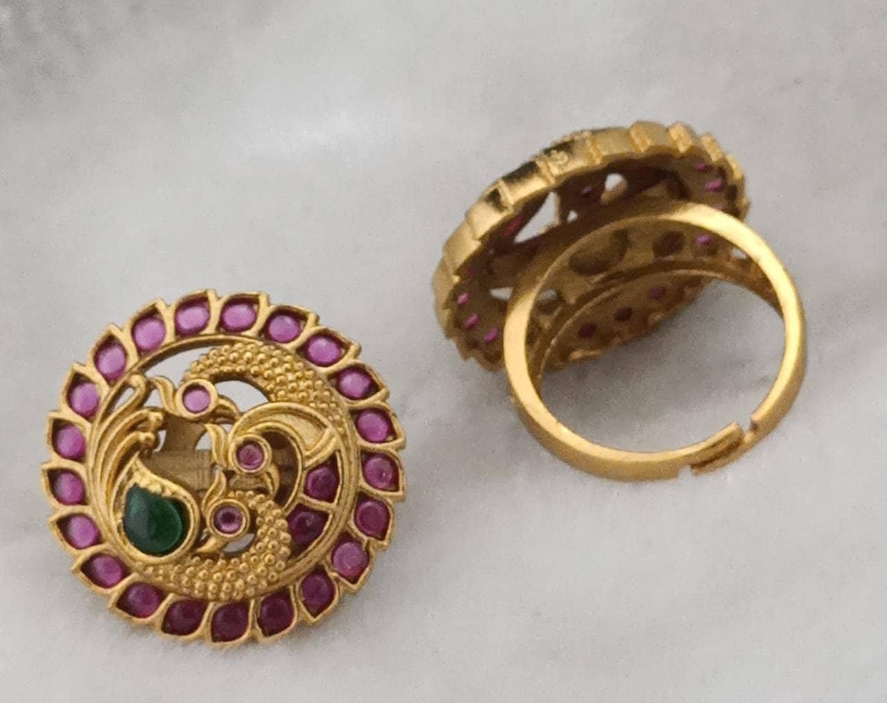 Premium Quality matte finish peacock Kemp stone Finger Ring (Adjustable)/Bollywood Ring